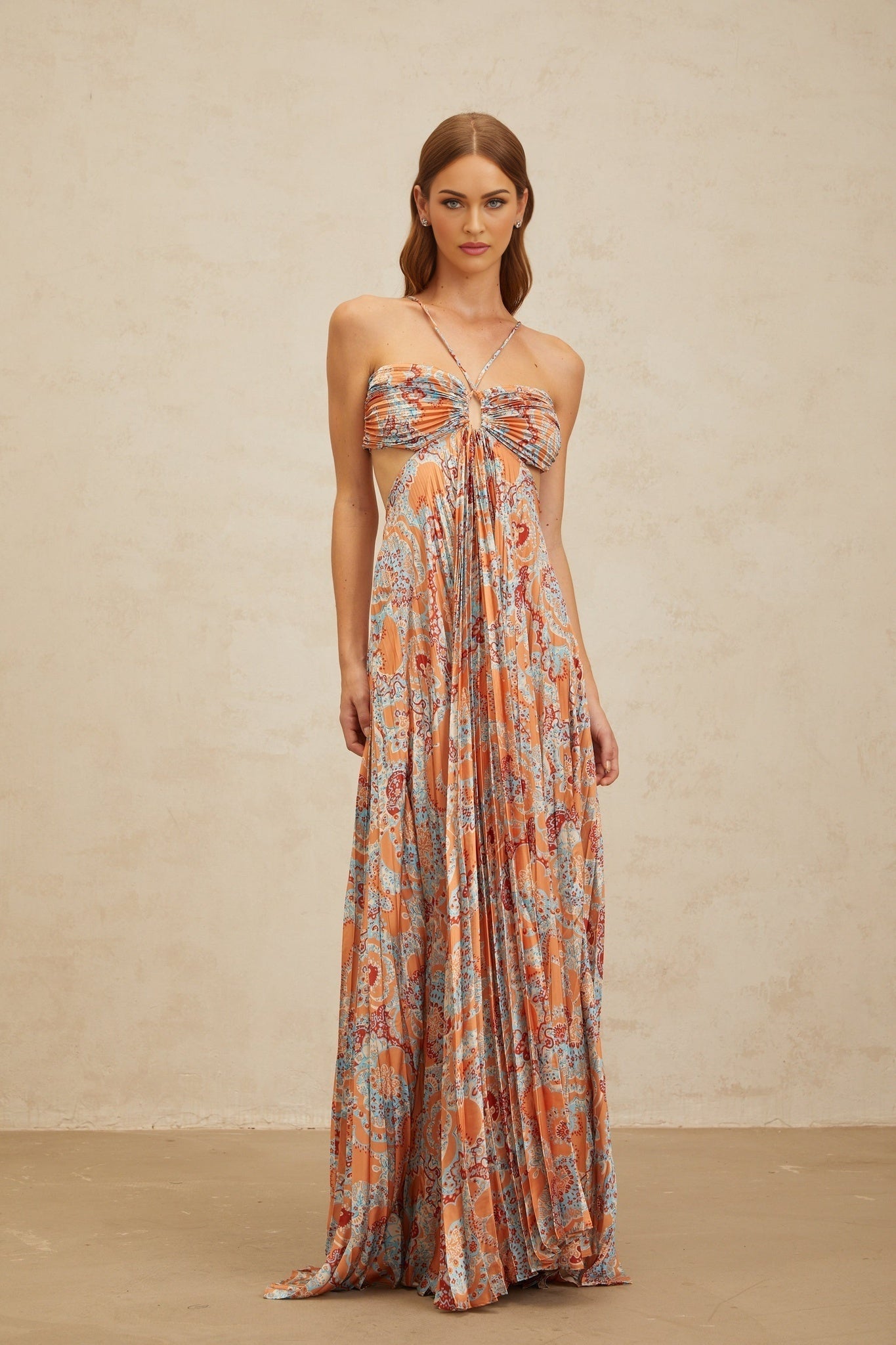 Orange Floral Print Halterneck Maxi Dress with Cut-out Design