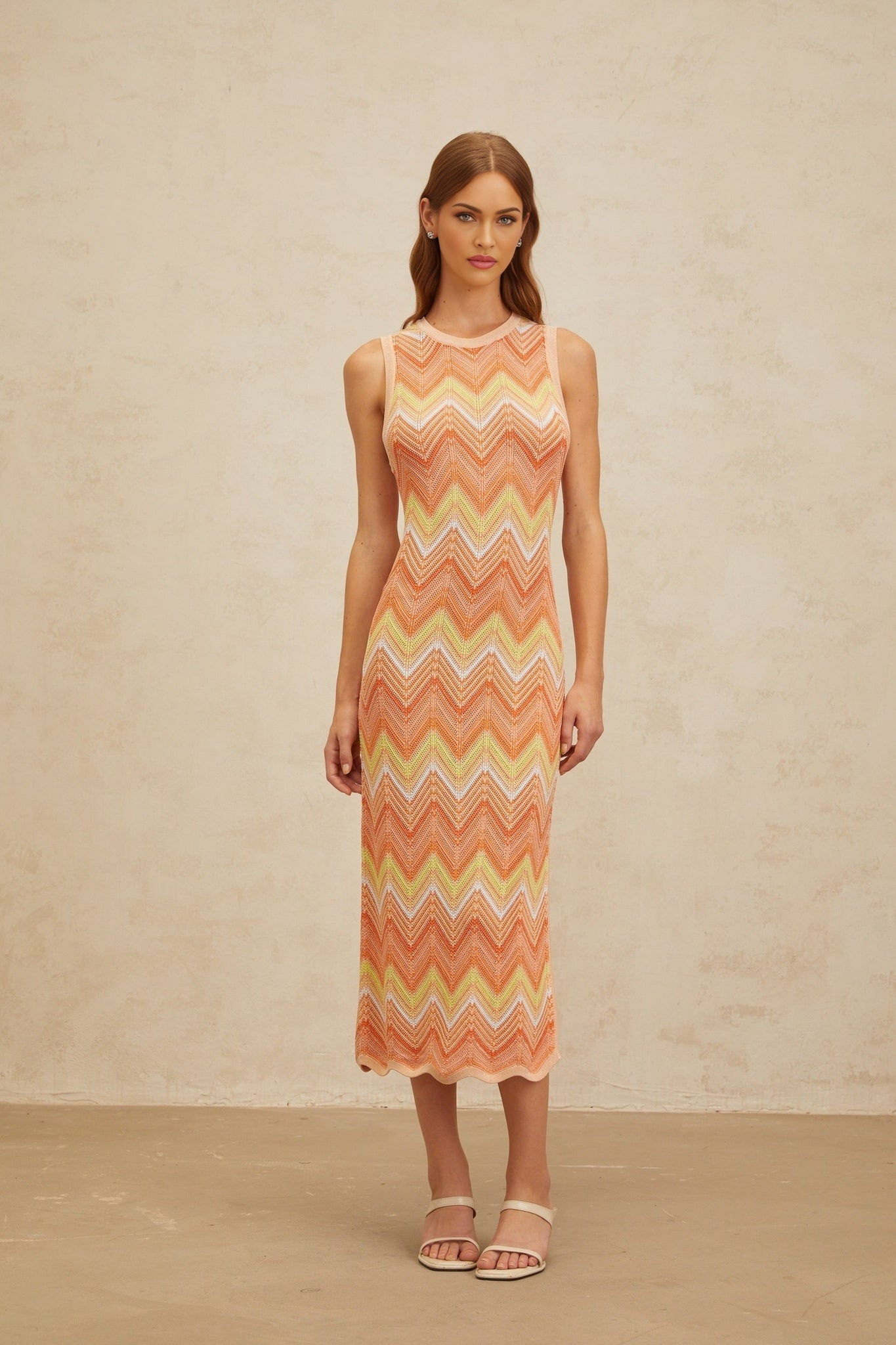 Orange Multicolor Chevron Knit Sleeveless Midi Dress