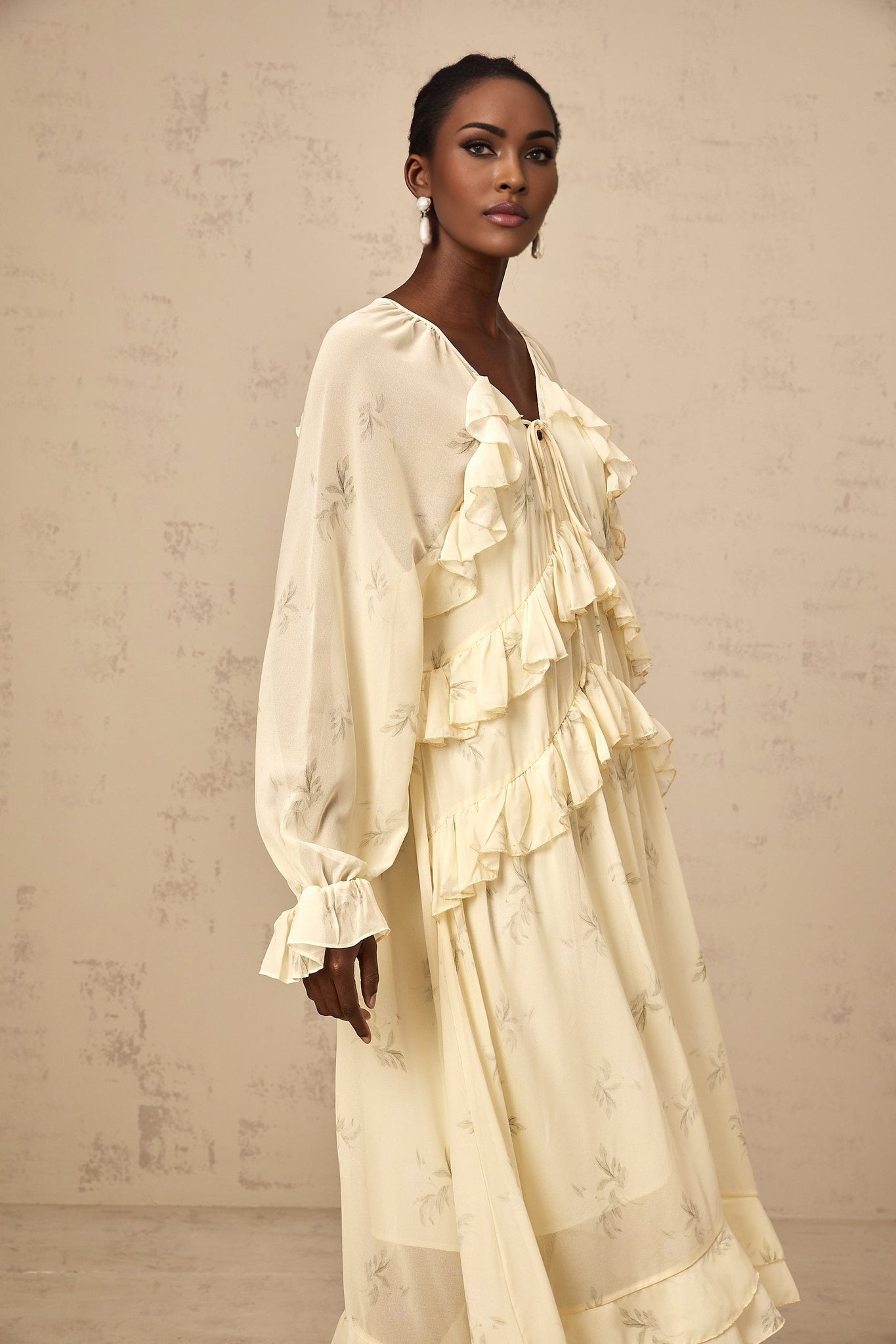 Oriane yellow midi dress with floral print and ruffled chiffon design