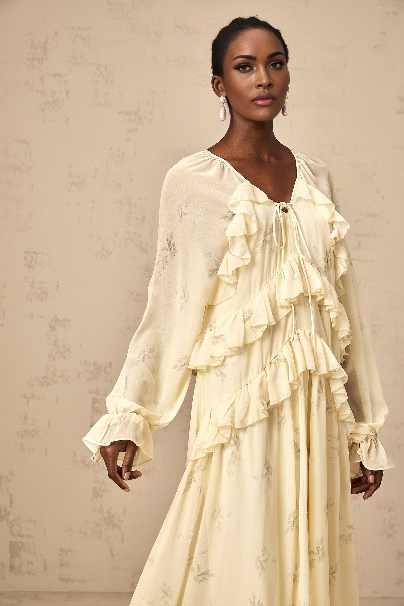 Oriane yellow midi dress with floral print and ruffled chiffon fabric