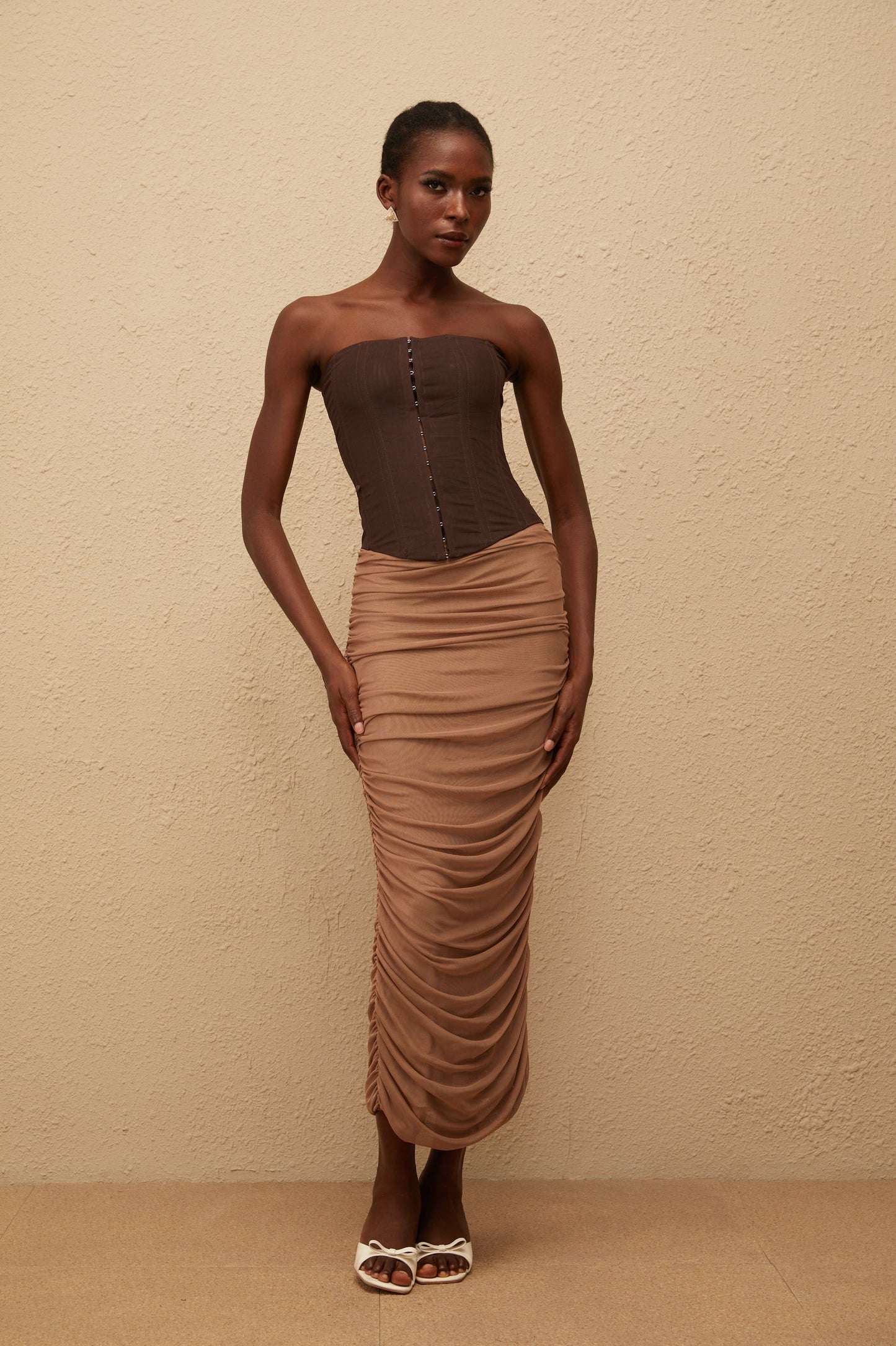 Paisley Brown Panelled Draped Mesh Midi Dress