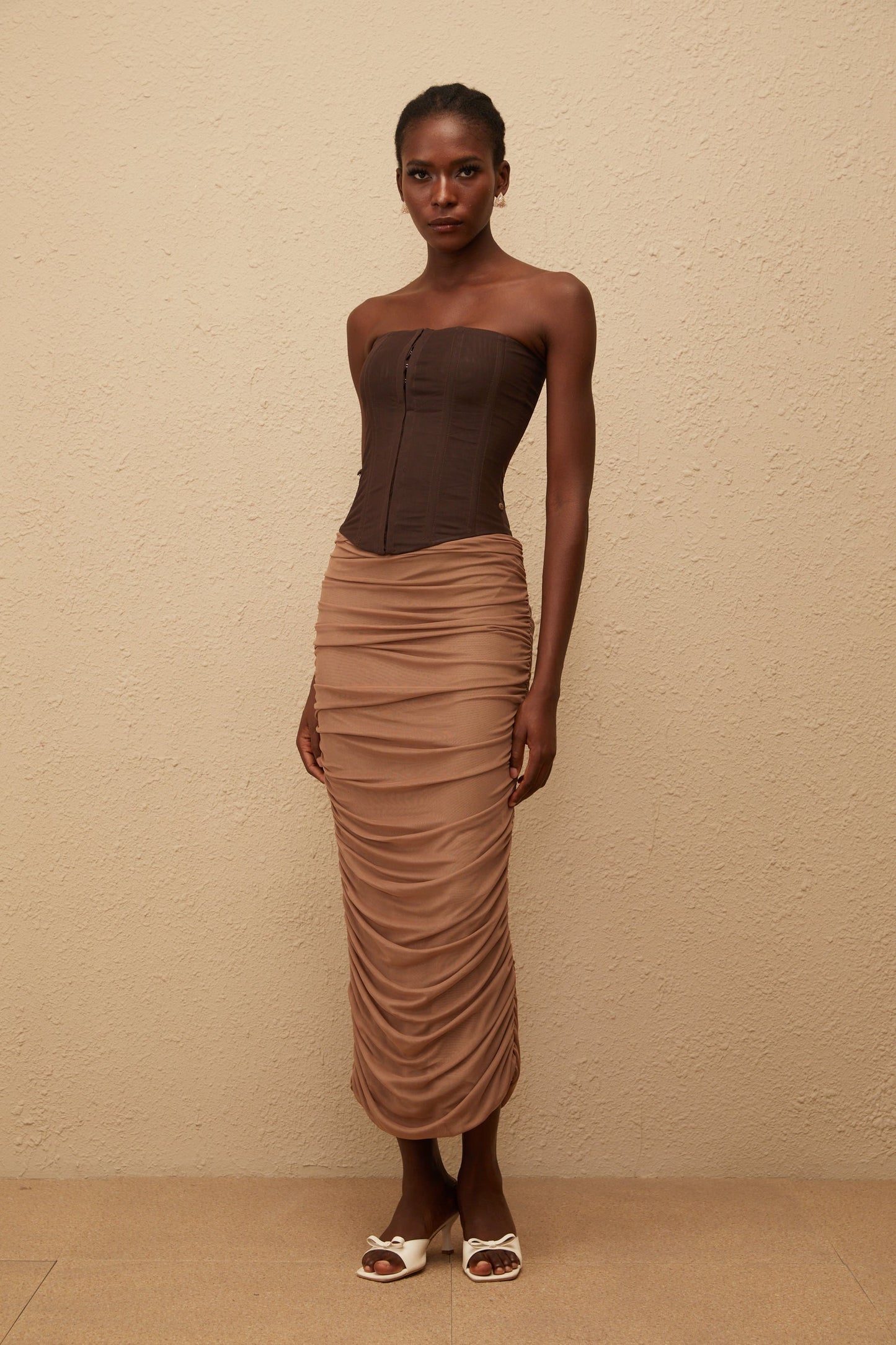 Paisley Brown Panelled Draped Mesh Midi Dress