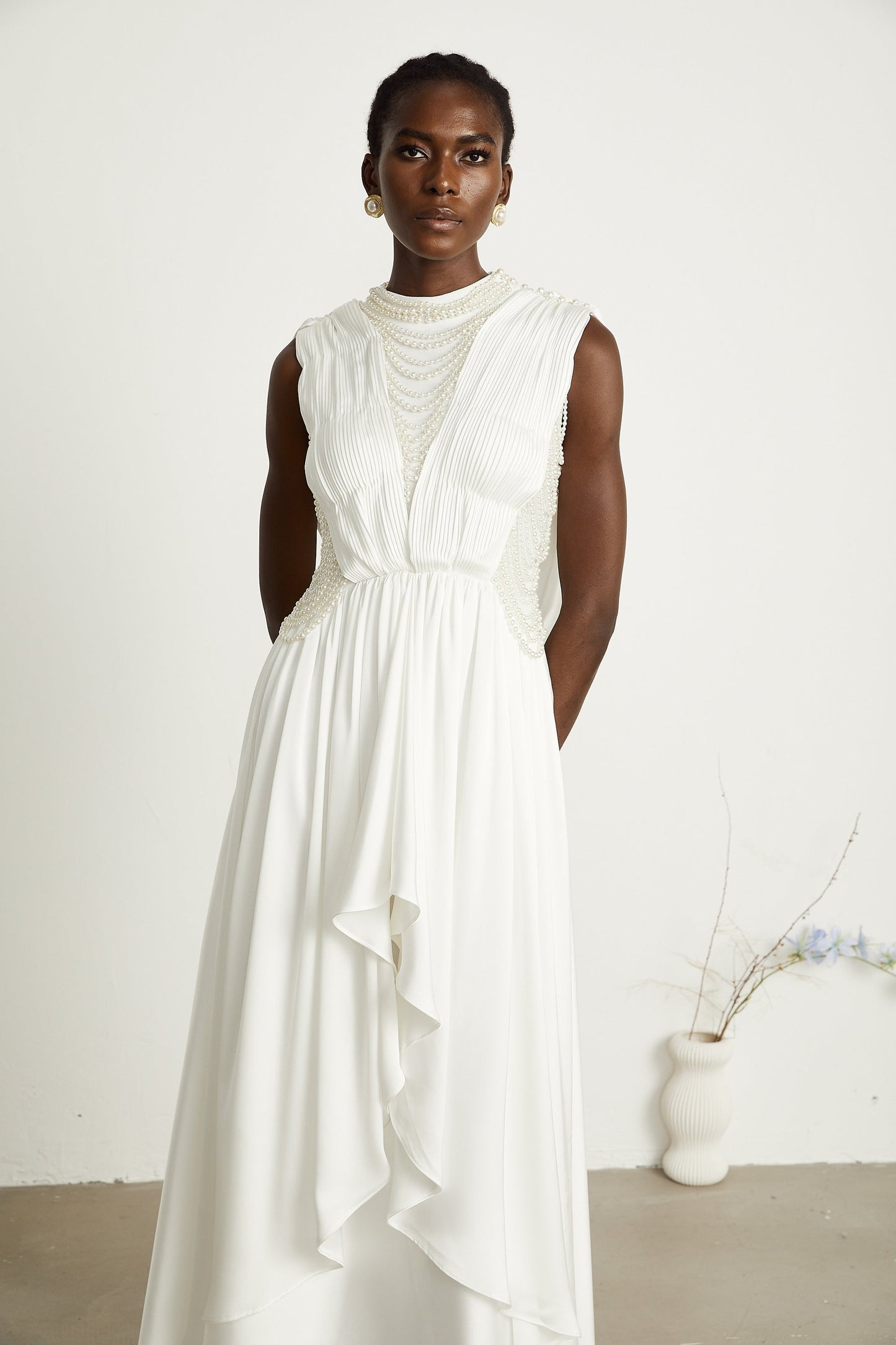Pascale white fauxpearl pleated maxi dress