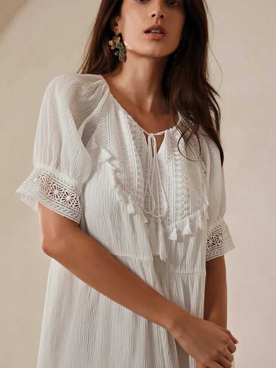 Patchwork Soluble Lace Casual Dress With Tie Collar
