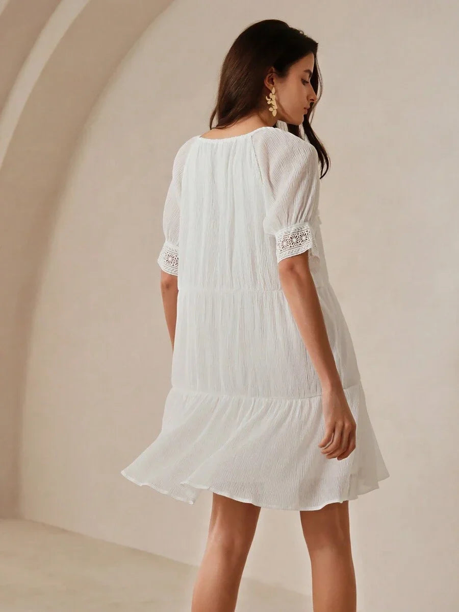 Patchwork Soluble Lace Casual Dress With Tie Collar