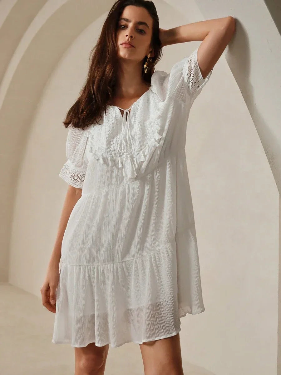 Patchwork Soluble Lace Casual Dress With Tie Collar