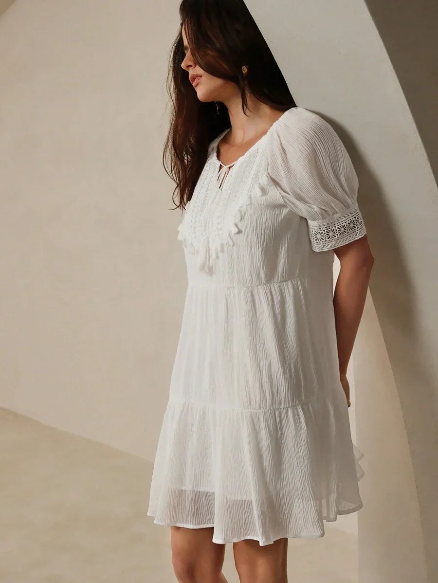 Patchwork Soluble Lace Casual Dress With Tie Collar