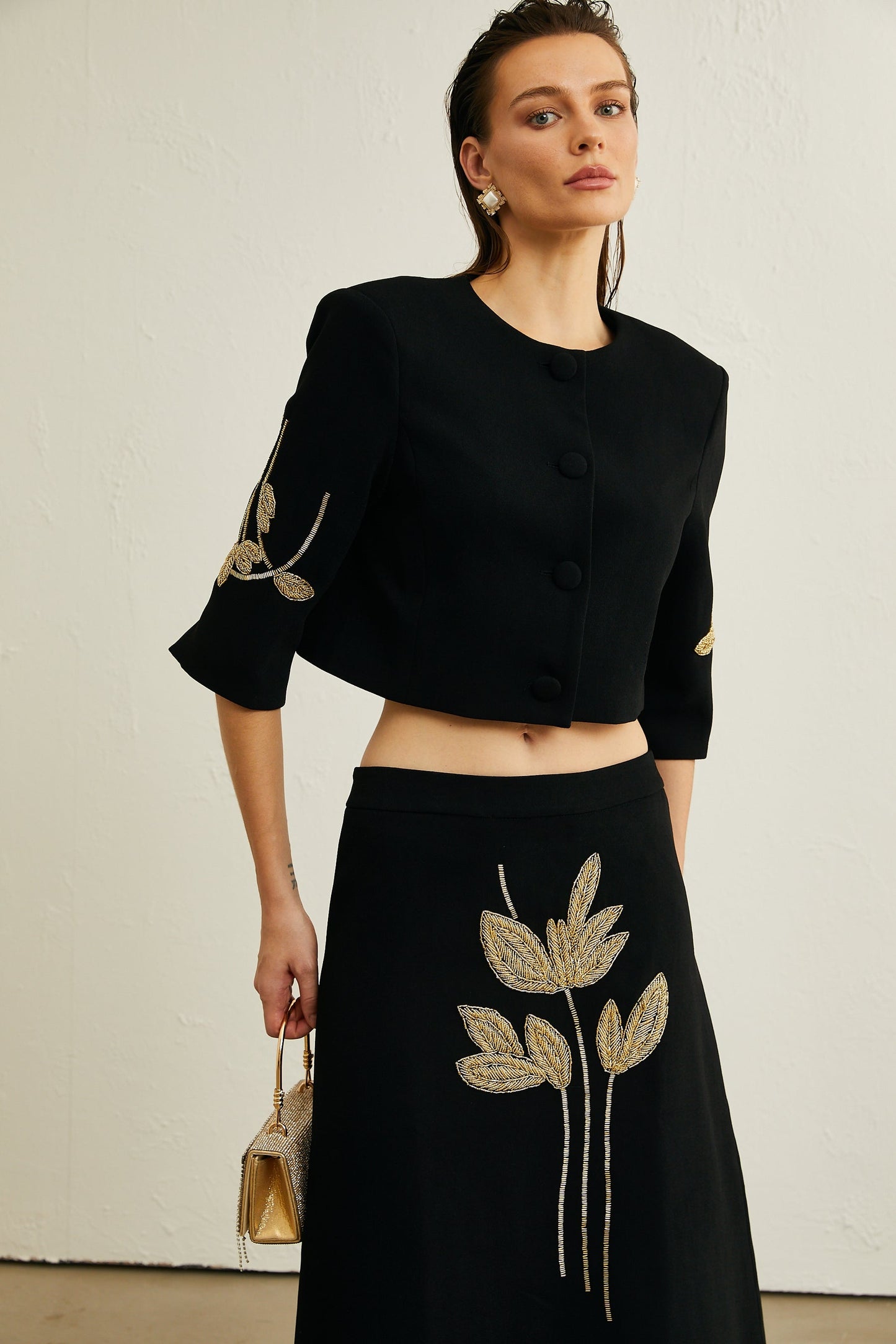 Pauline black floralappliqué jacket skirt matching set