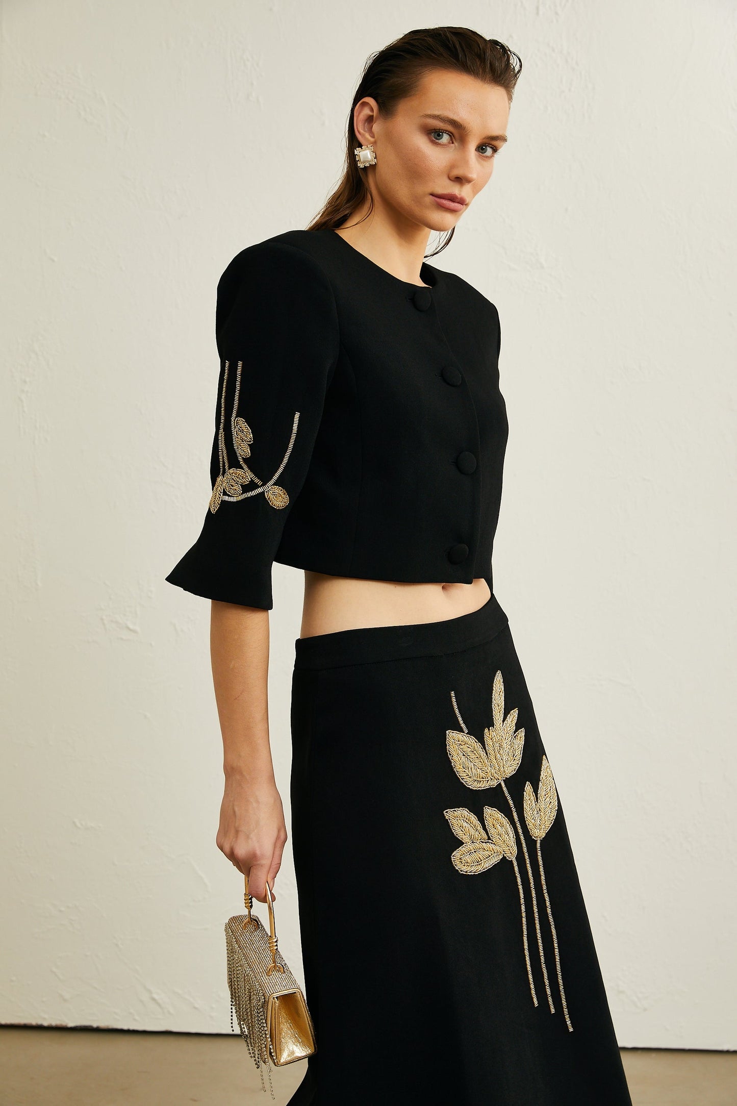 Pauline black floralappliqué jacket skirt matching set