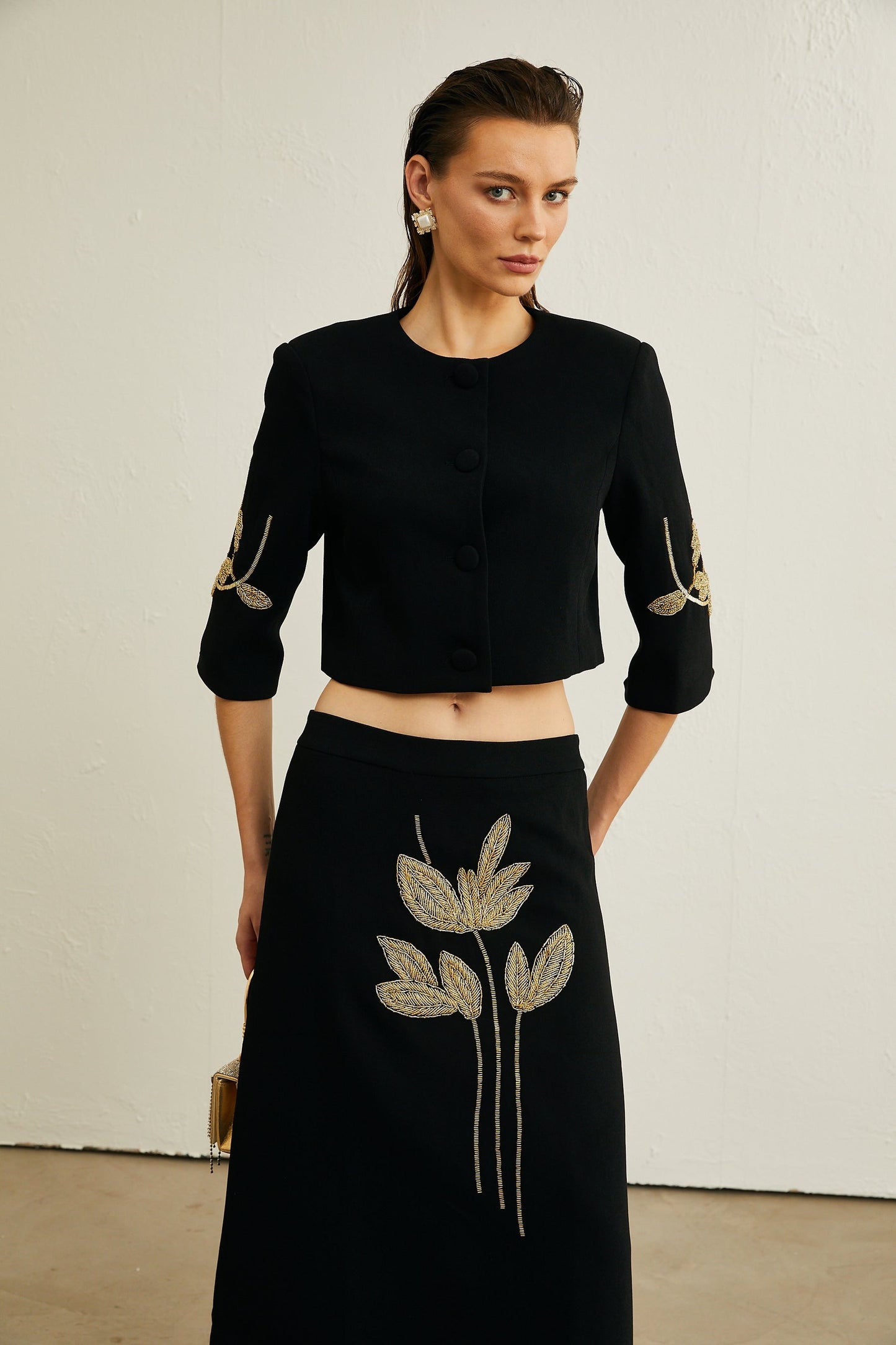 Pauline black floralappliqué jacket skirt matching set
