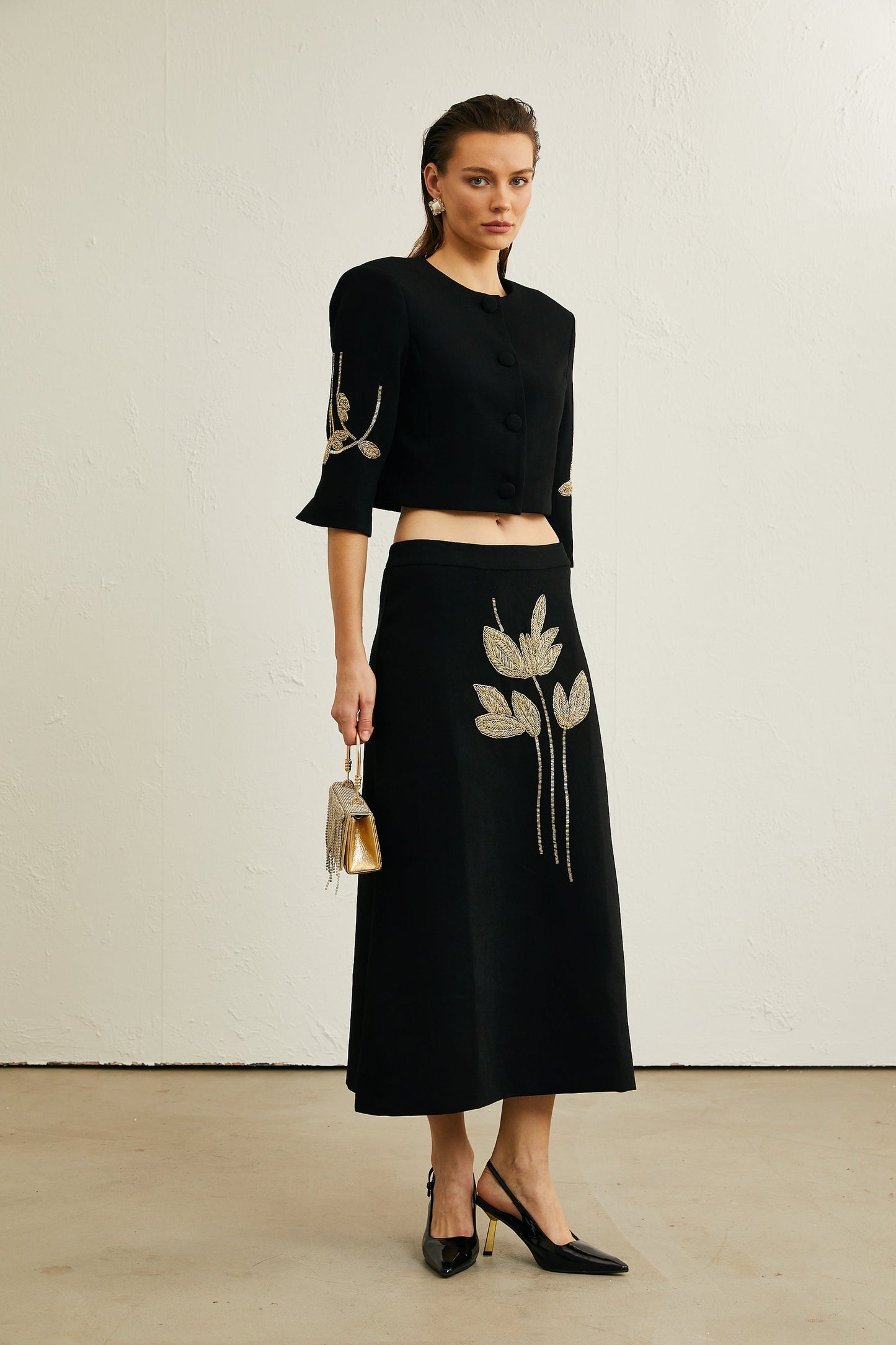 Pauline black floralappliqué jacket skirt matching set