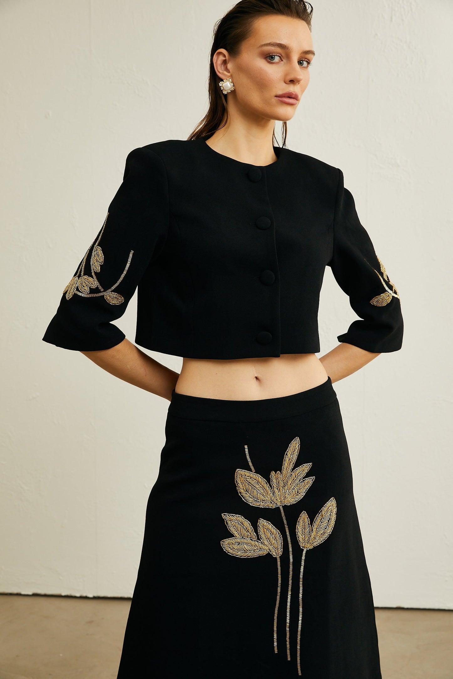 Pauline black floralappliqué jacket skirt matching set
