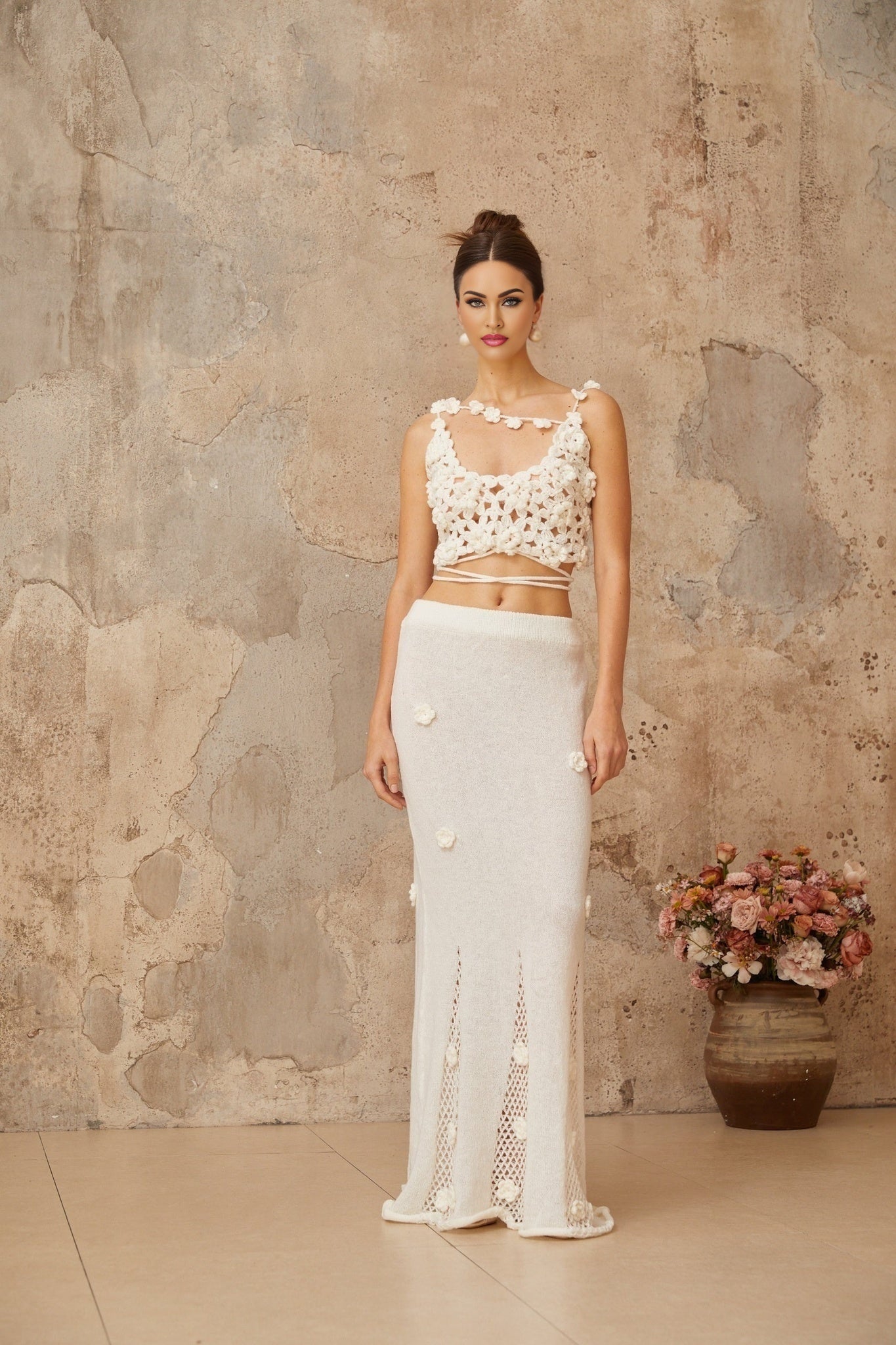 Pauline matching set featuring white top and skirt with floral applique details