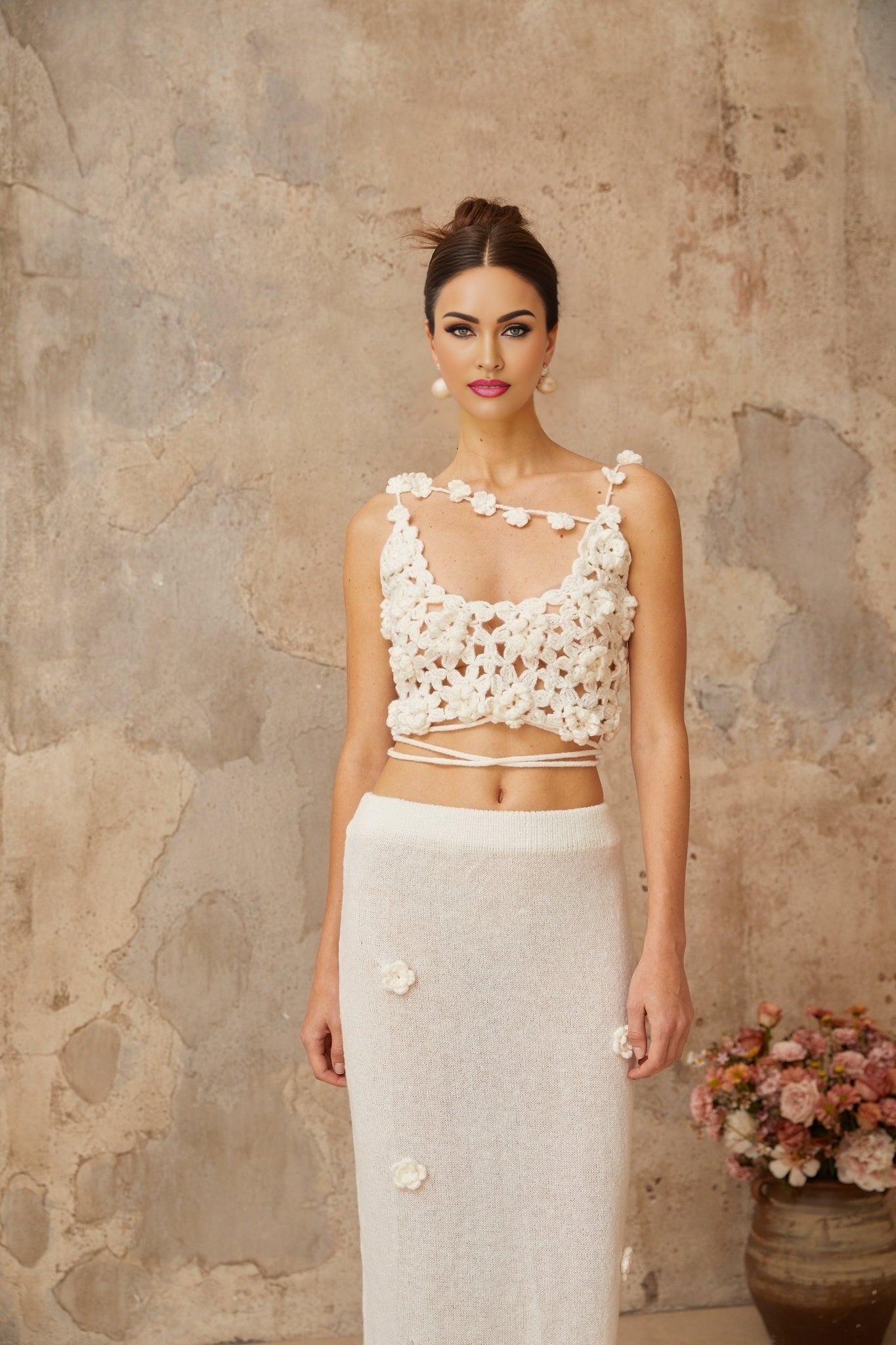 Pauline white matching set with floral applique top and skirt on display