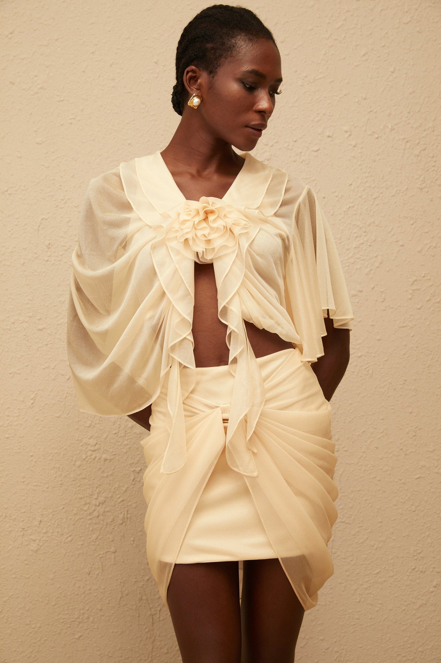 Pénombre Neutral Ruched Tulle Top Skirt Set
