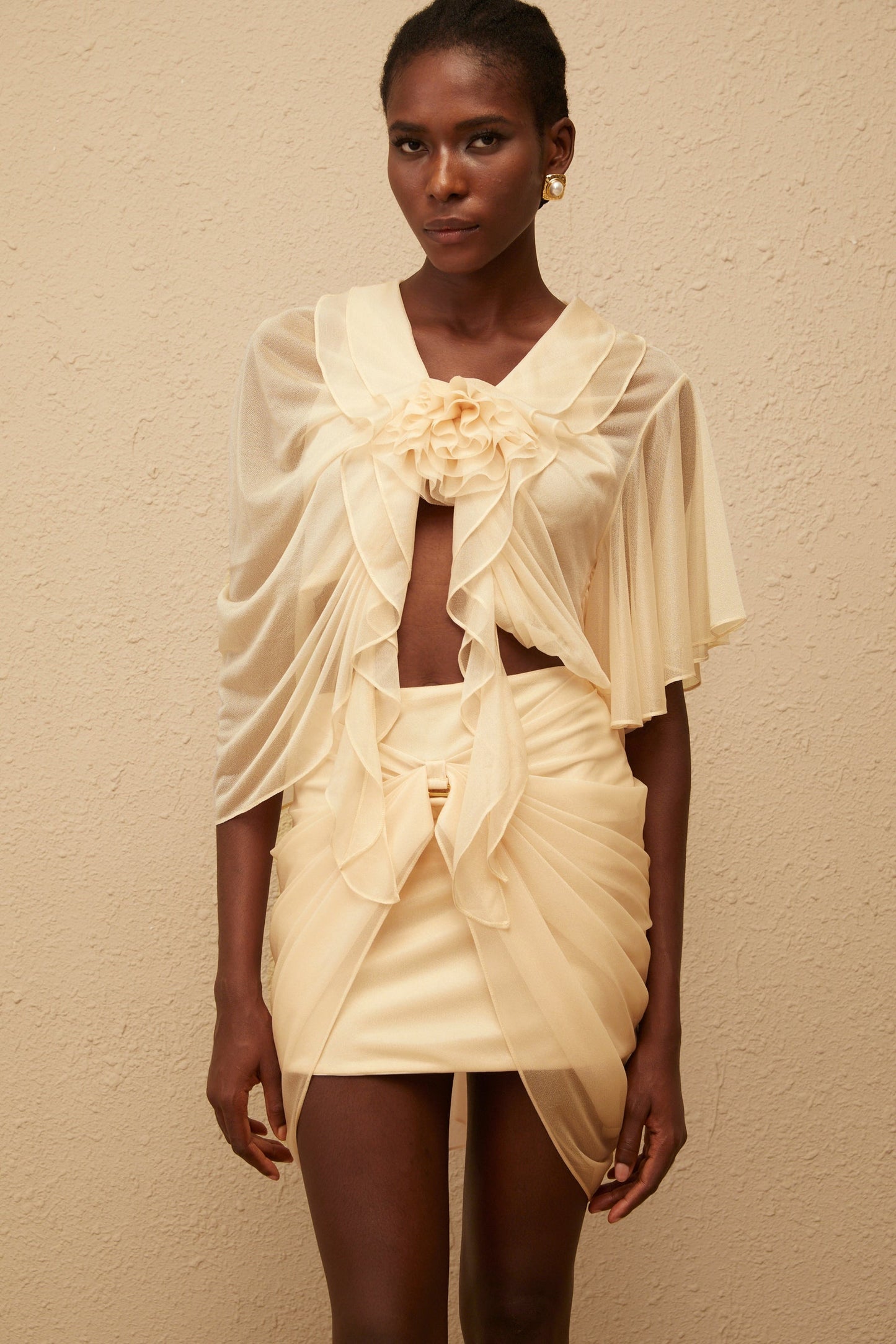 Pénombre Neutral Ruched Tulle Top Skirt Set