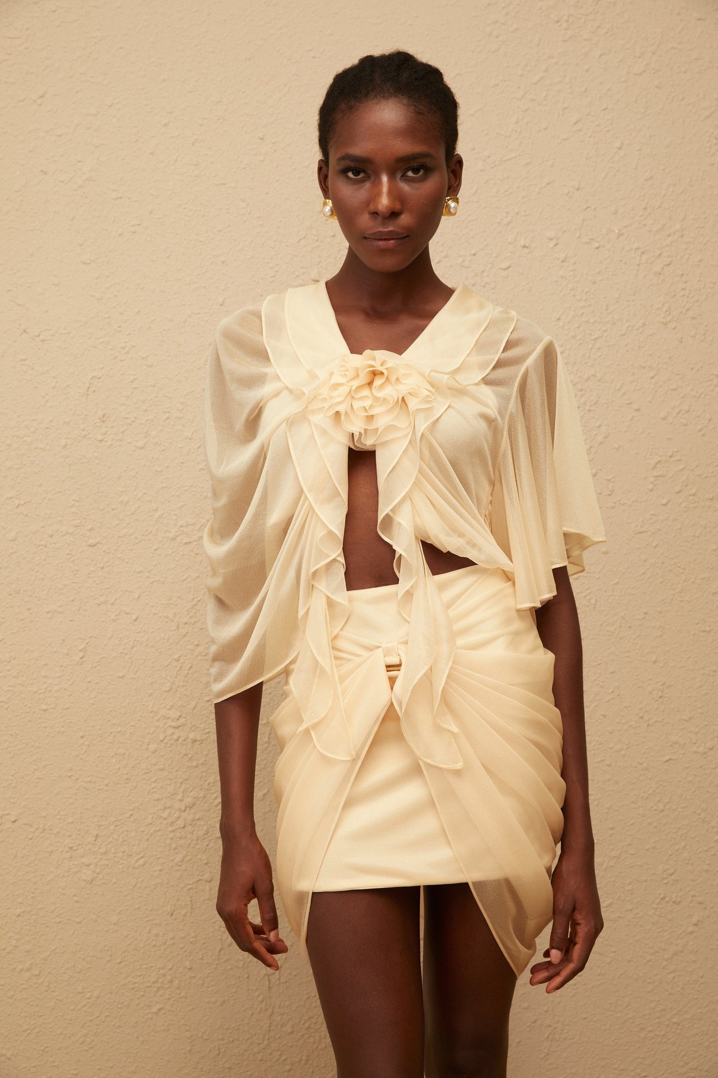 Pénombre Neutral Ruched Tulle Top Skirt Set