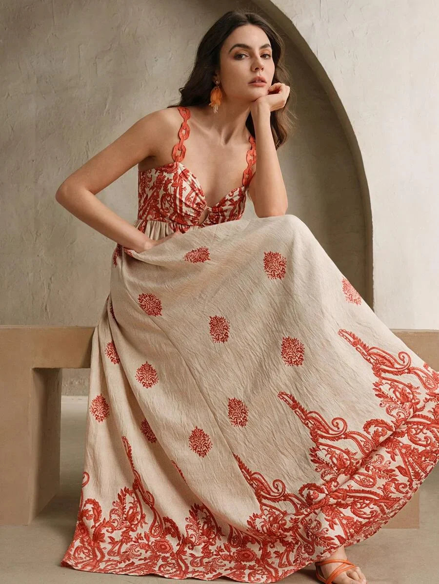 Peylow Orange Contrast Print Dress Sexy Bohemian Beach Dress For Women SpringSummer Outfits