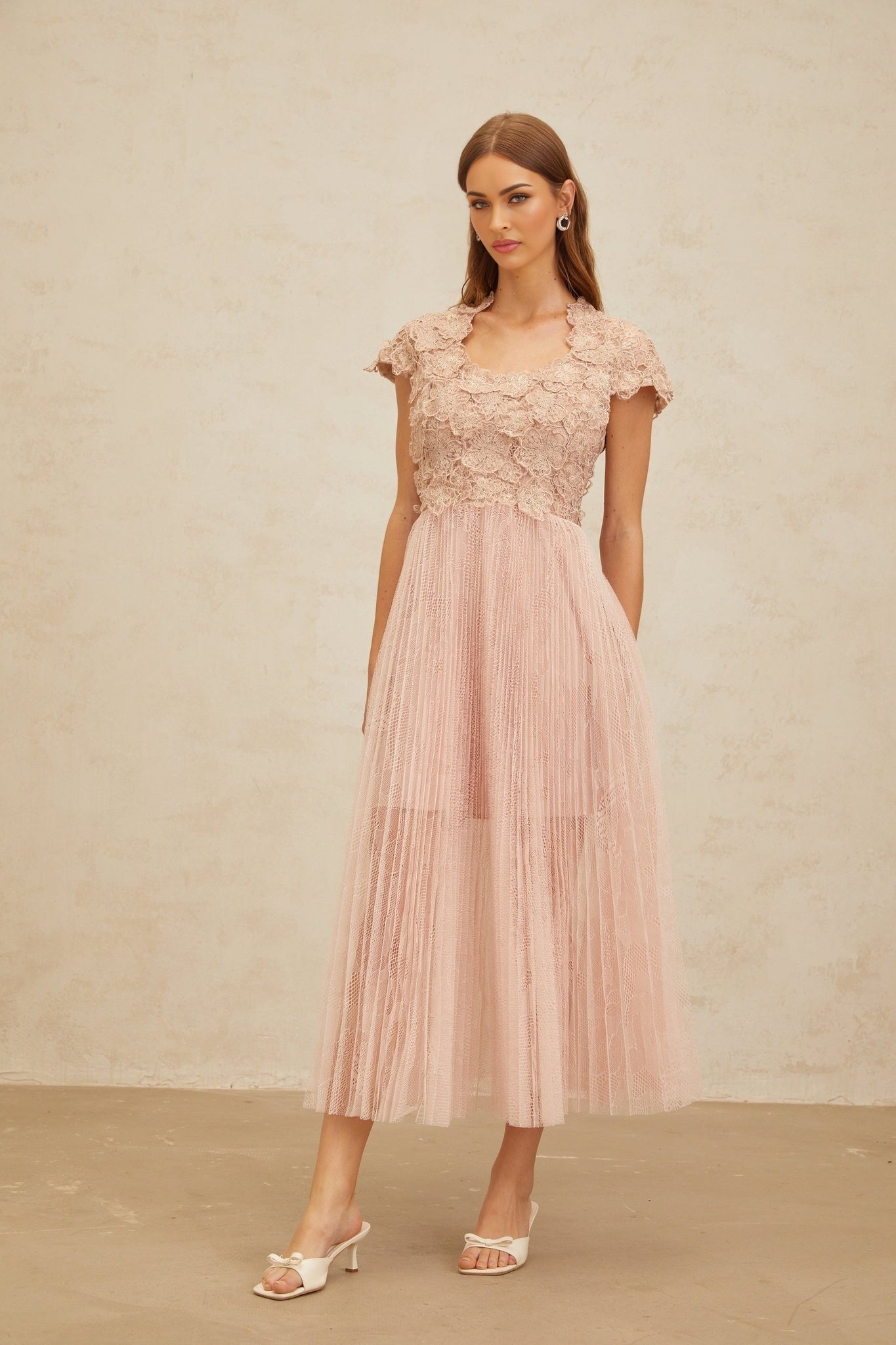 Pink Cap Sleeve Floral Embroidered Tulle Midi Dress