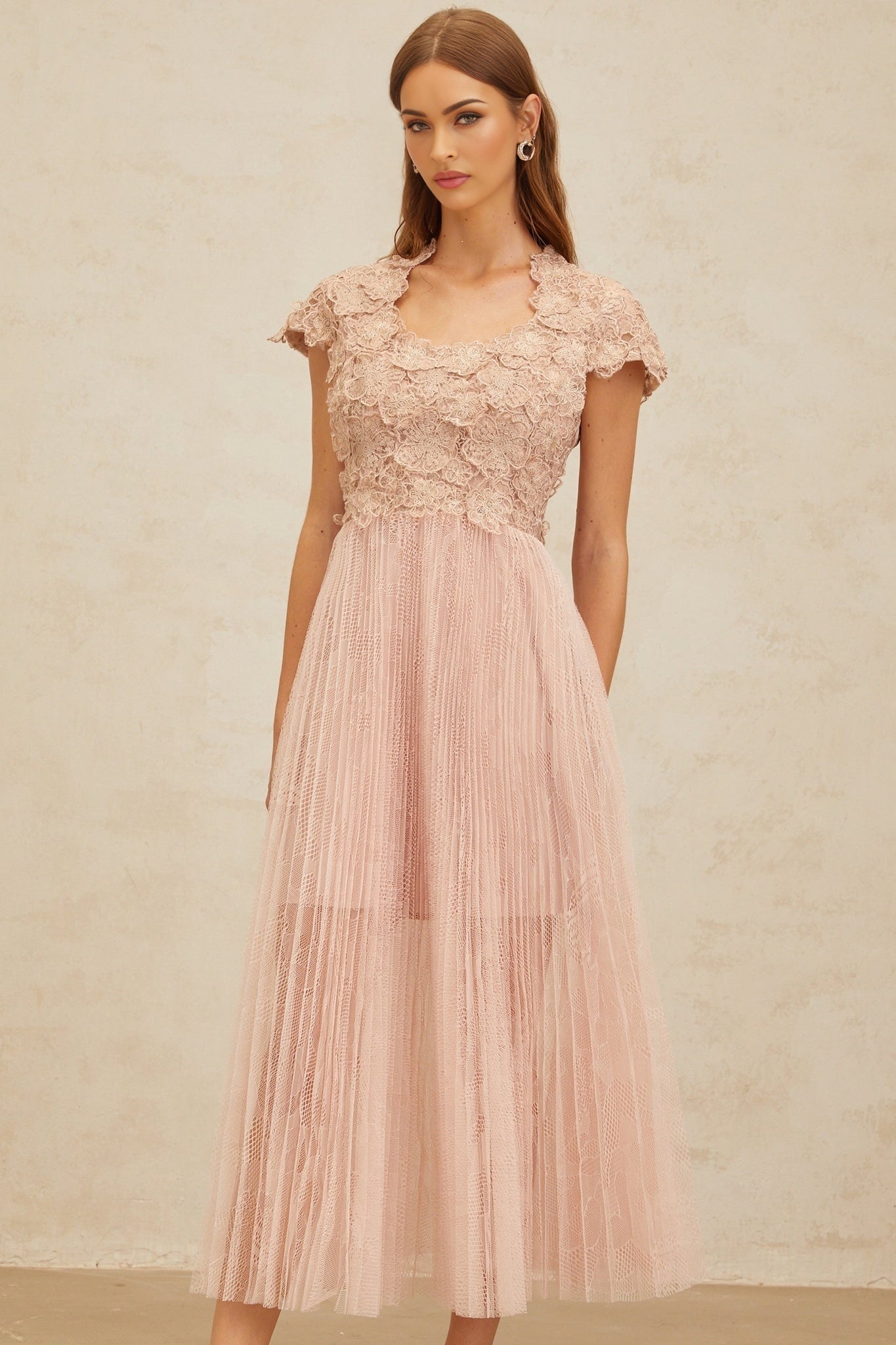Pink Cap Sleeve Tulle Dress with Floral Embroidery and Metallic Threading