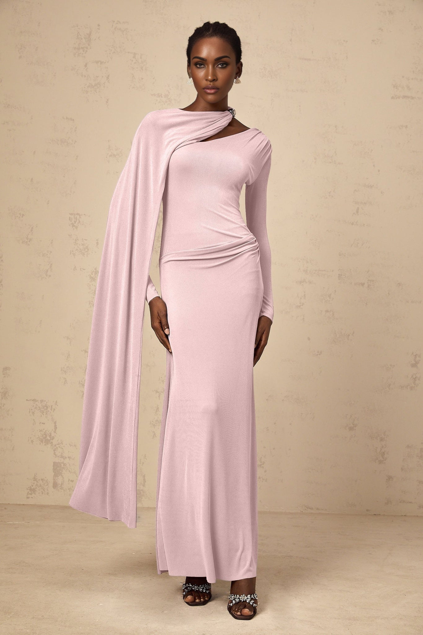 Pink diagonal shawl draped maxi dress with silver-tone hardware