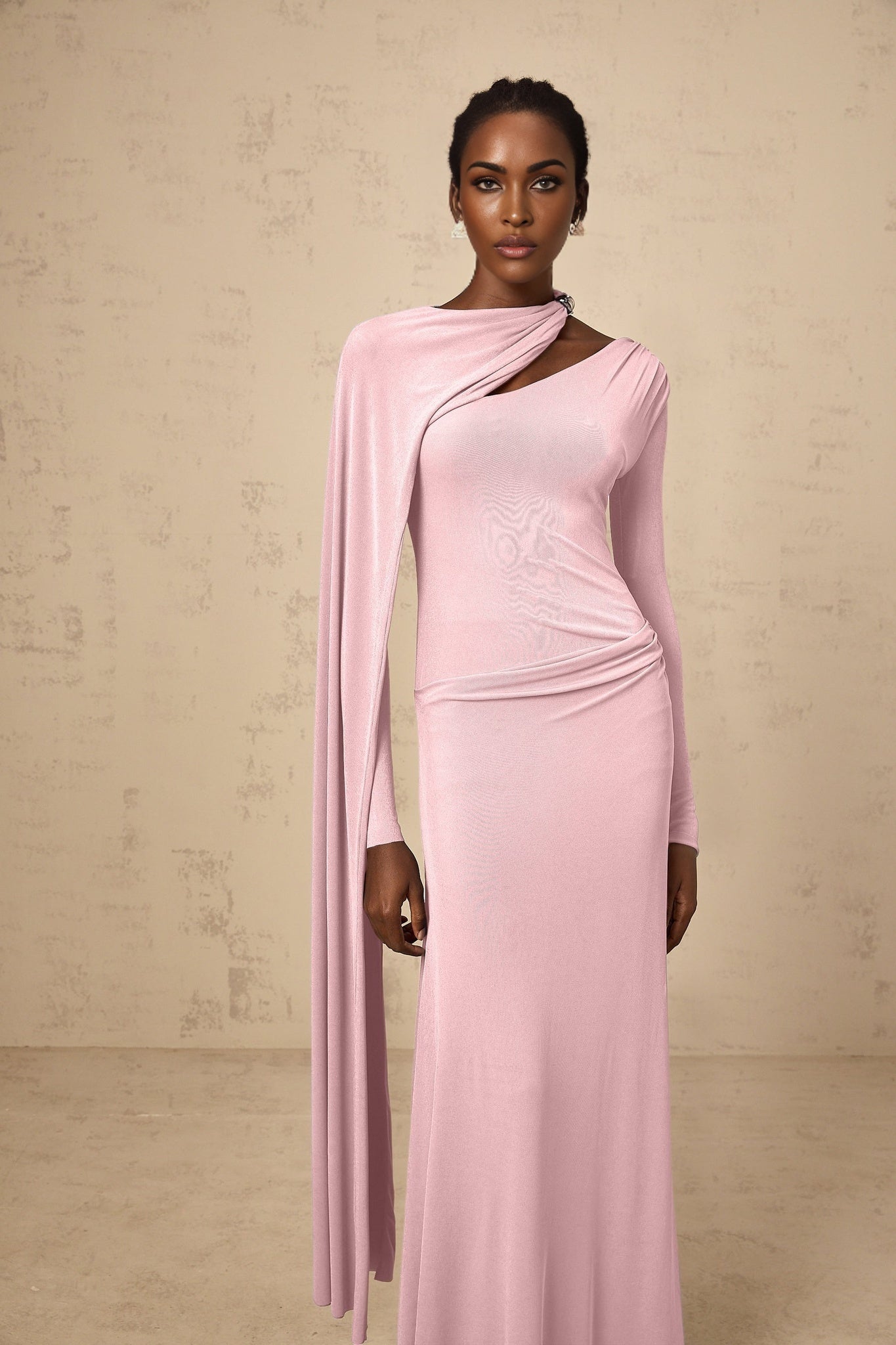 Pink Diagonal Shawl Long Sleeve Maxi Dress with Silver-tone Hardware