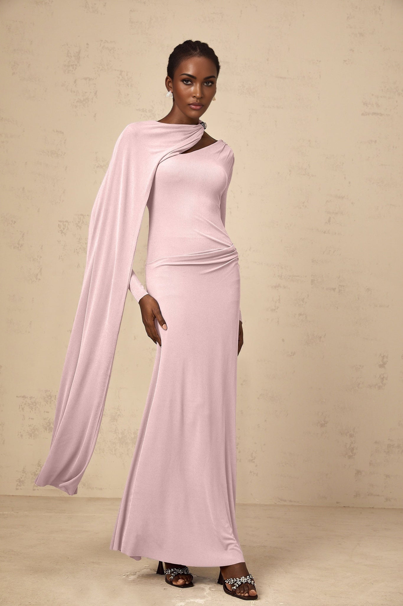 Pink Diagonal Shawl Long Sleeve Maxi Dress with Silver-tone Hardware
