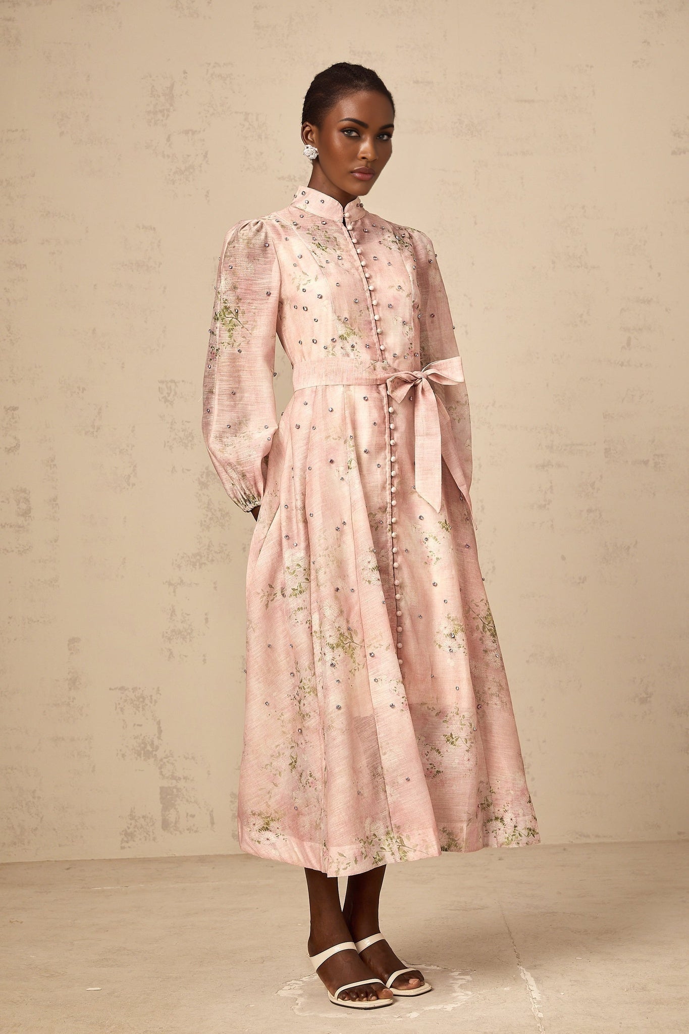 Pink floral print midi dress with embellishments and a narcisse design