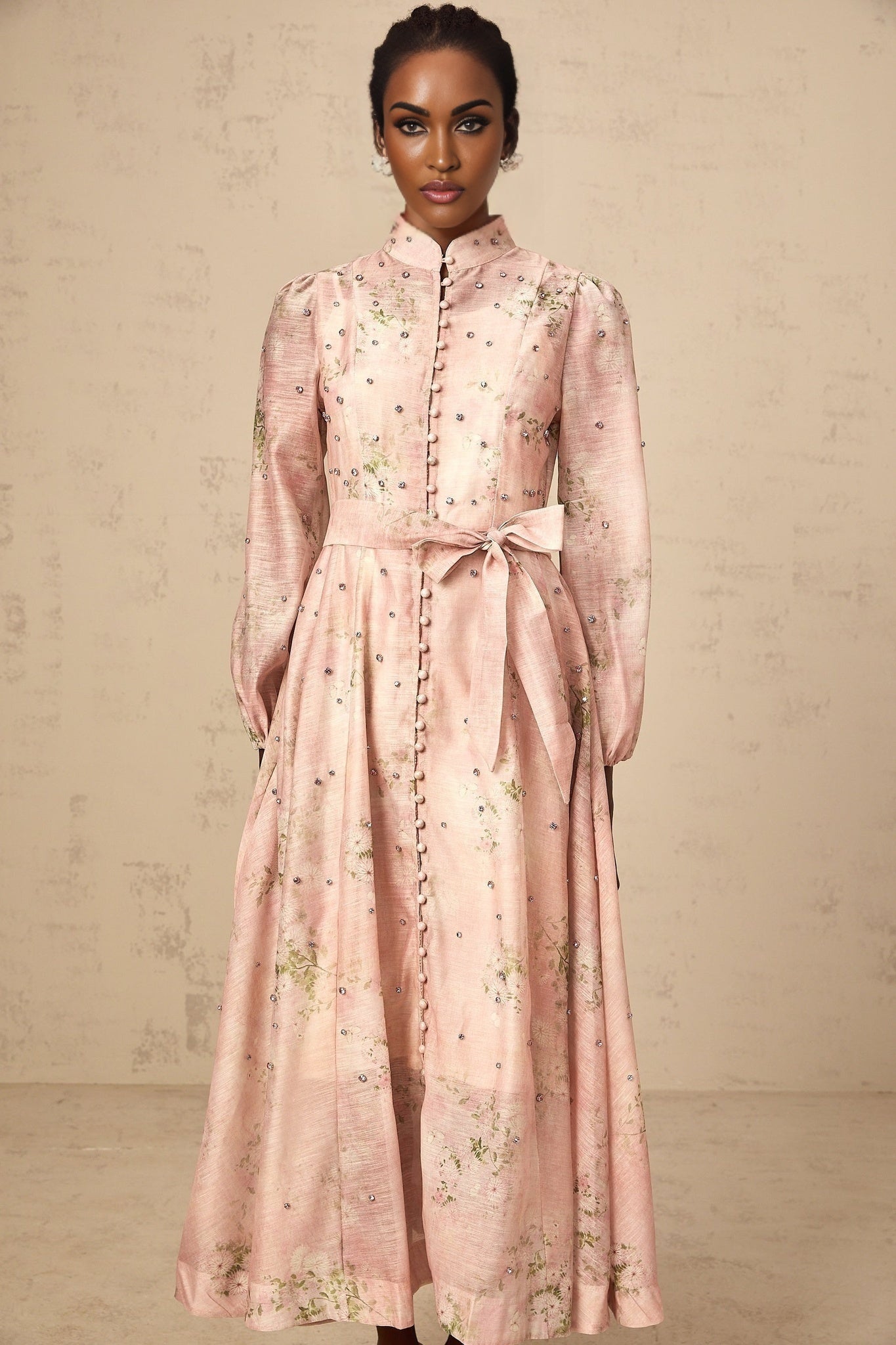 Pink floral print midi dress with embellishments called Narcisse