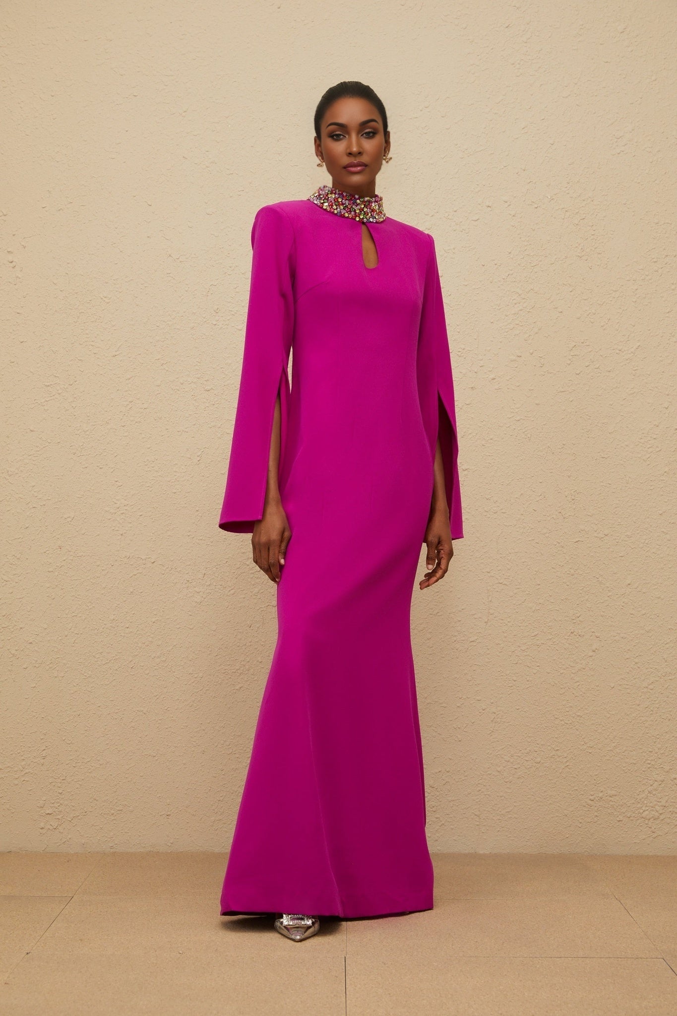 Pink Fuchsia Mock Neck Maxi Dress with Bead and Crystal Embellishment