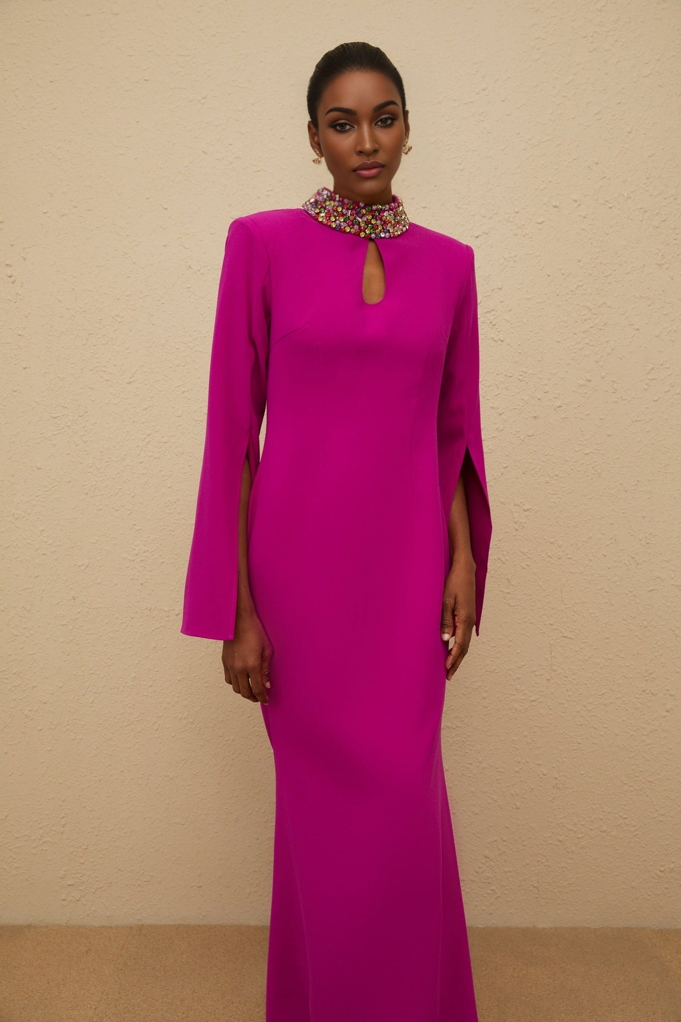 Pink Fuchsia Mock Neck Maxi Dress with Bead and Crystal Embellishments
