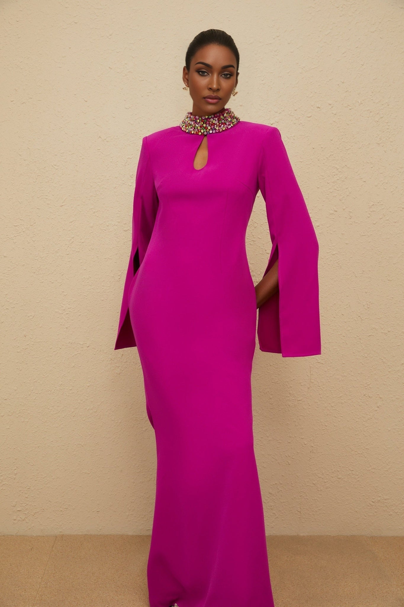 Pink Fuchsia Mock Neck Maxi Dress with Bead and Crystal Embellishment