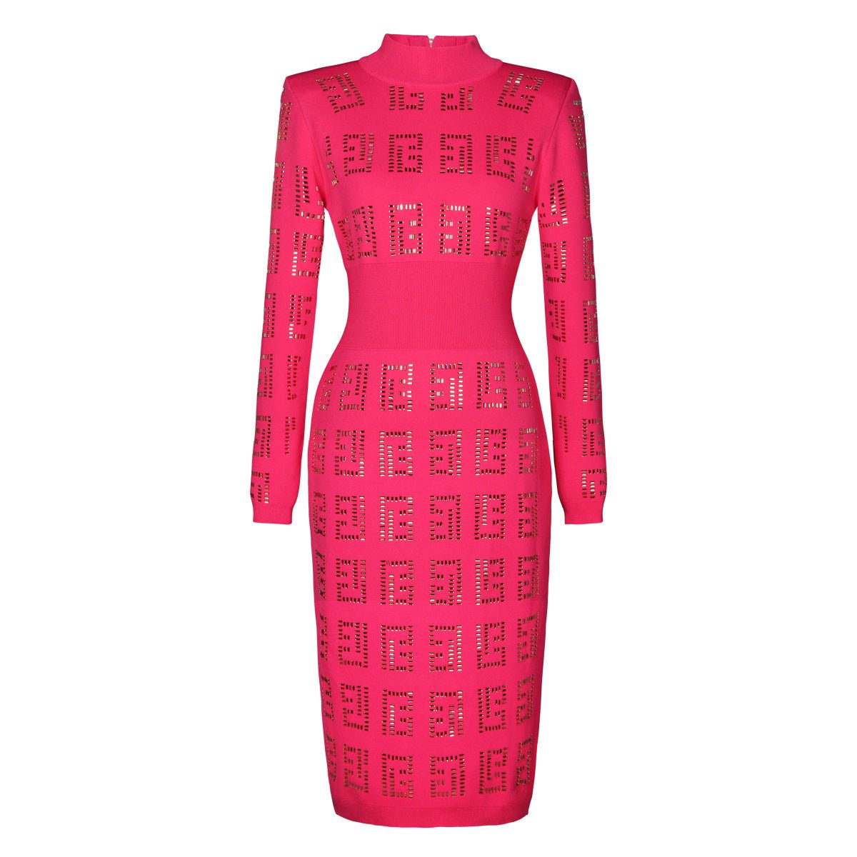 Bold pink geometric patterned cutout dress with metallic accents