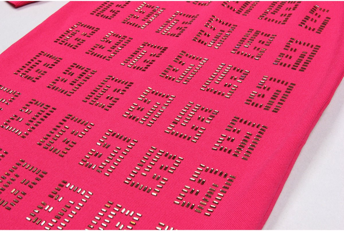 Fitted pink geometric cutout dress with metallic accents