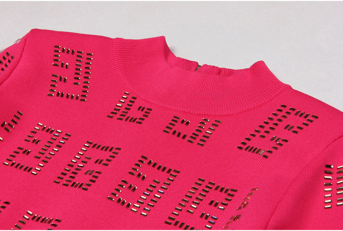 Pink geometric patterned cutout dress with metallic accents