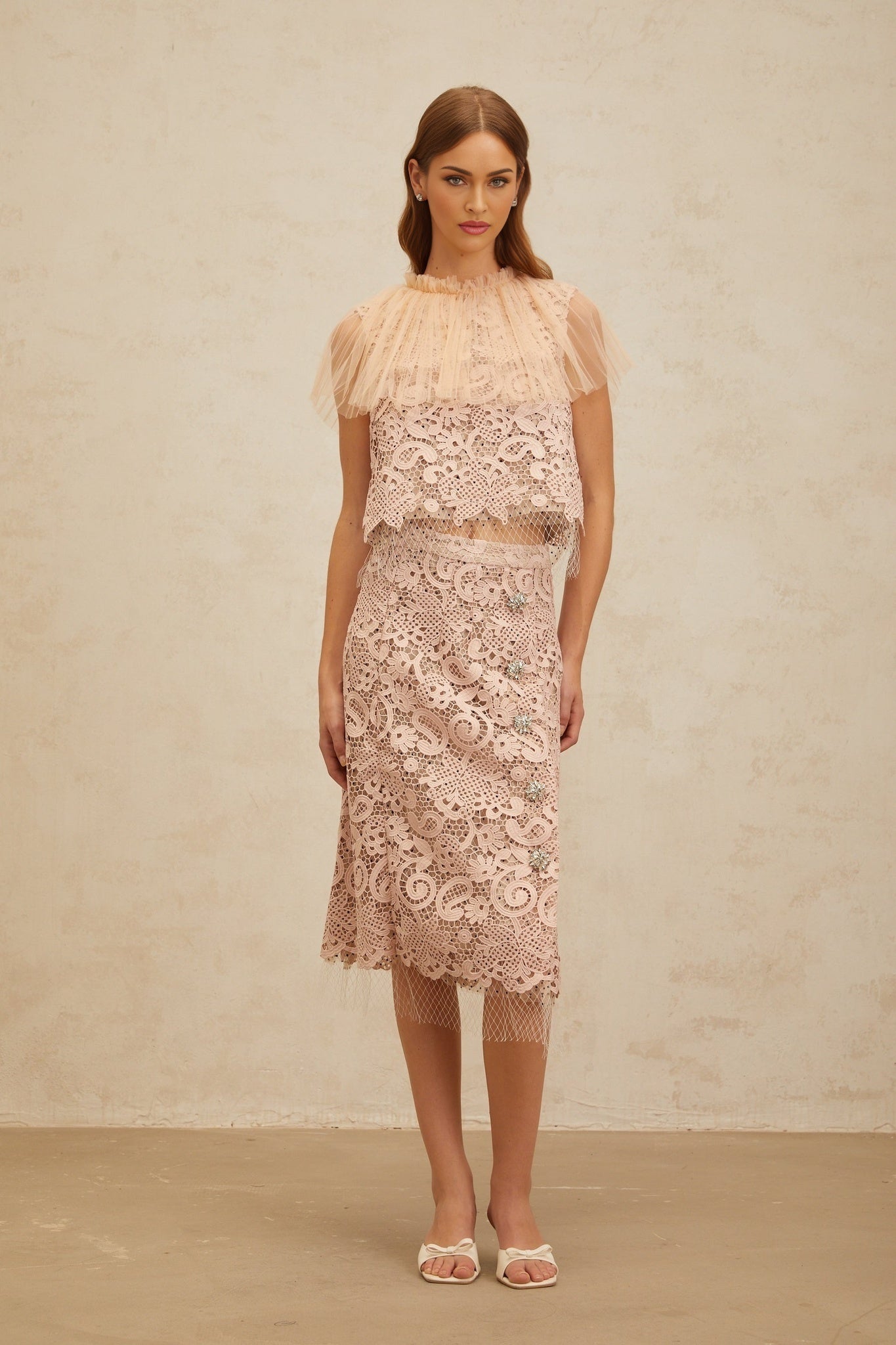 Pink Frilled Neck Sleeveless Lace Crop Top and Crystal Embellished High Rise Midi Skirt Set