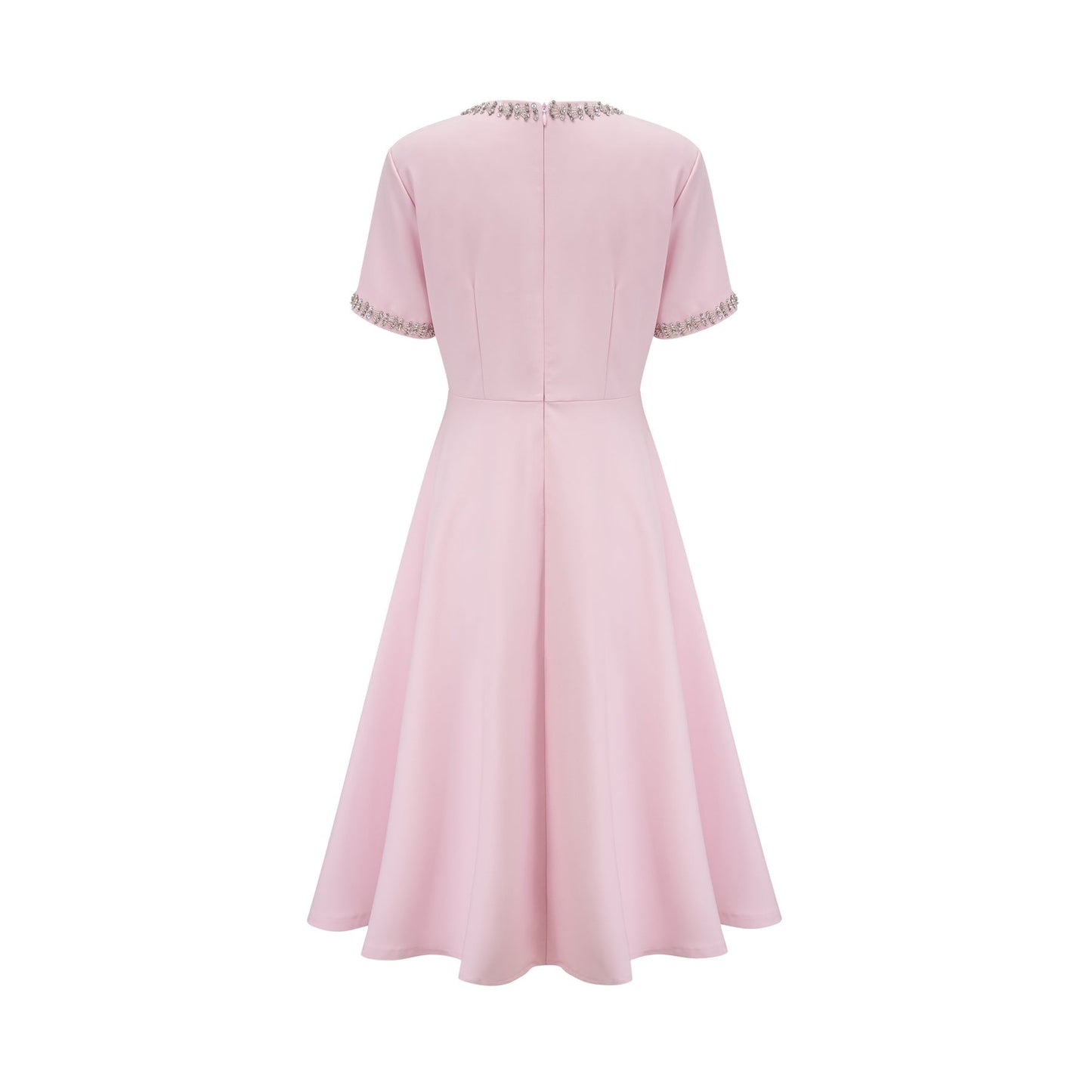 Pink midi dress with crystal accents and bow detail named Cassiopeia