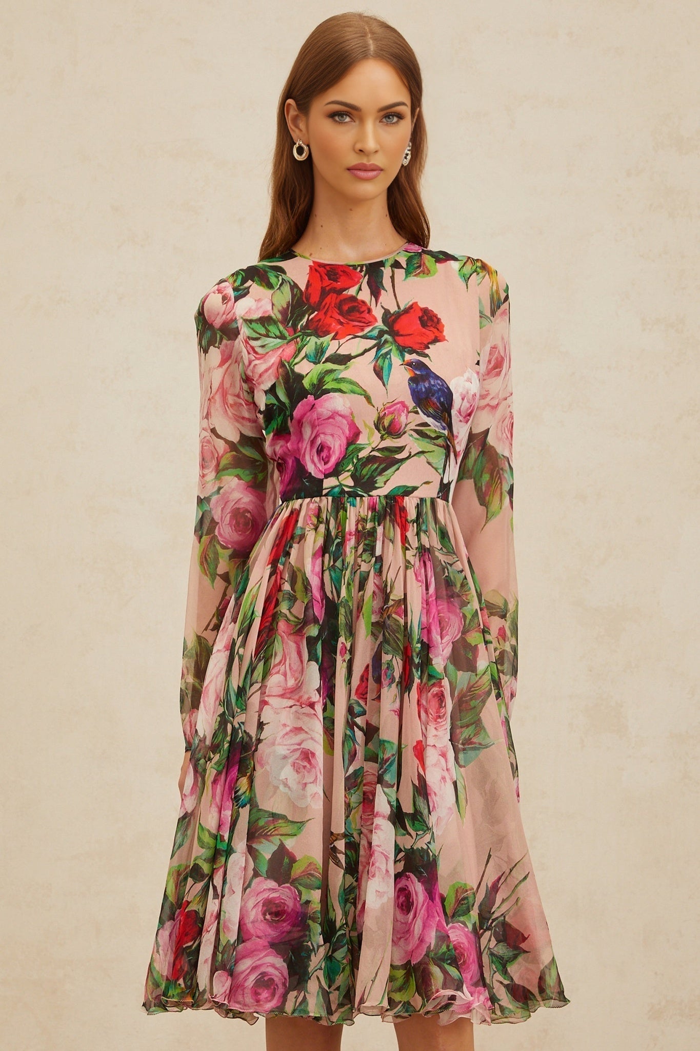 Pink Mulberry Silk Rose Print Long Sleeve Midi Dress