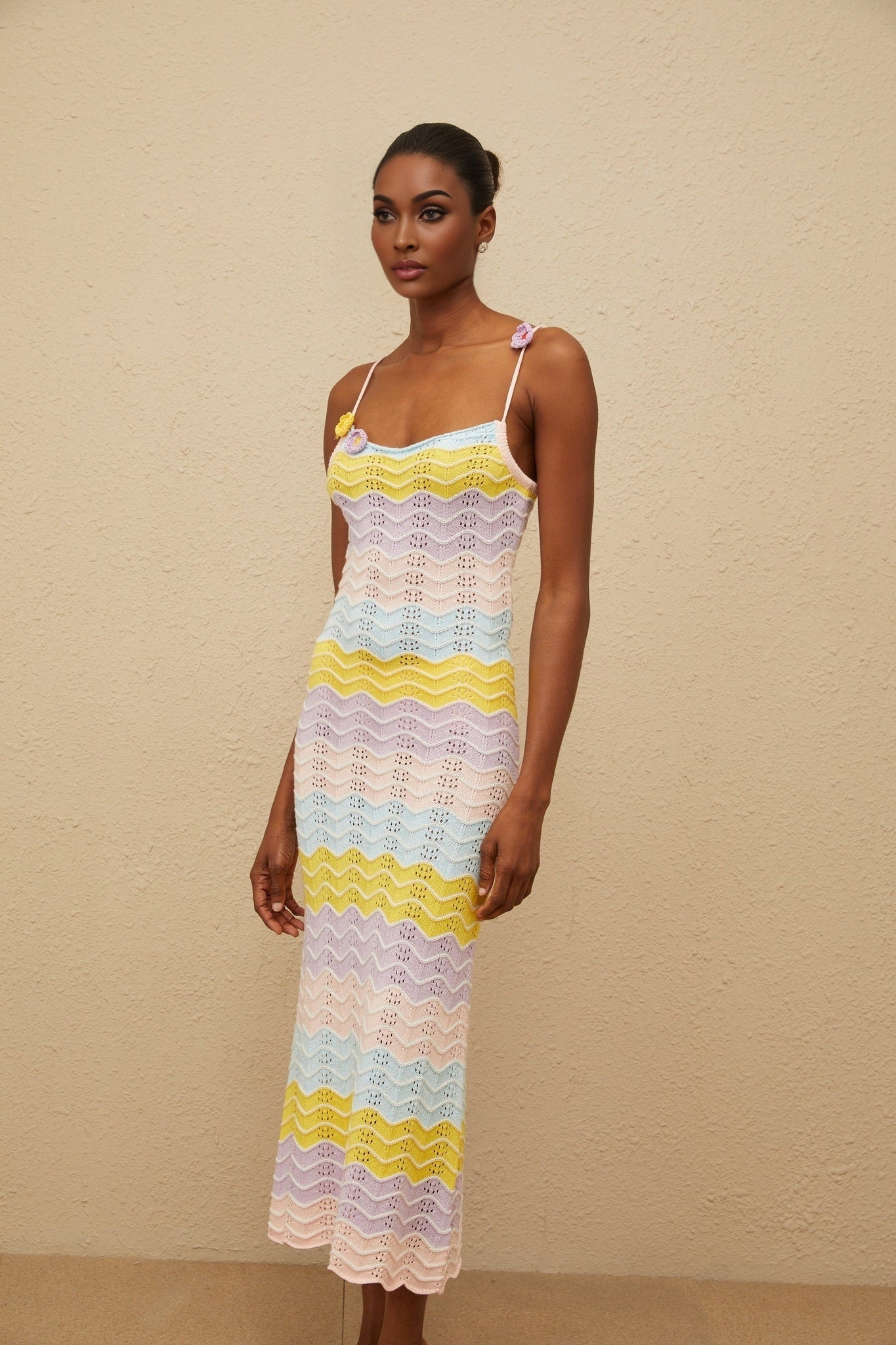 Pink and Multicolor Crochet Knit Floral Appliqué Midi Dress with Scallop Hem