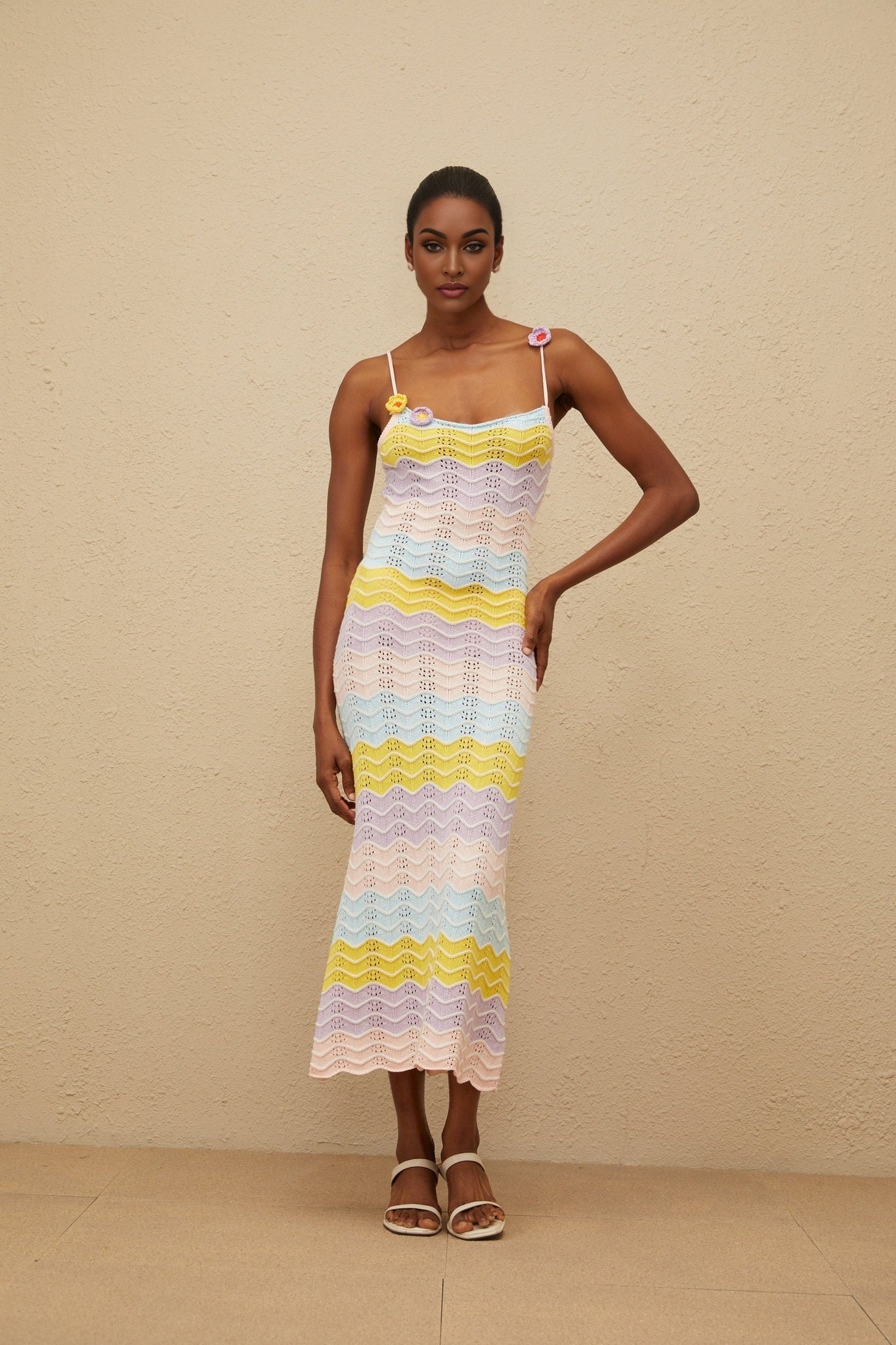 Pink and Multicolor Crochet Knit Floral Appliqué Midi Dress with Spaghetti Straps