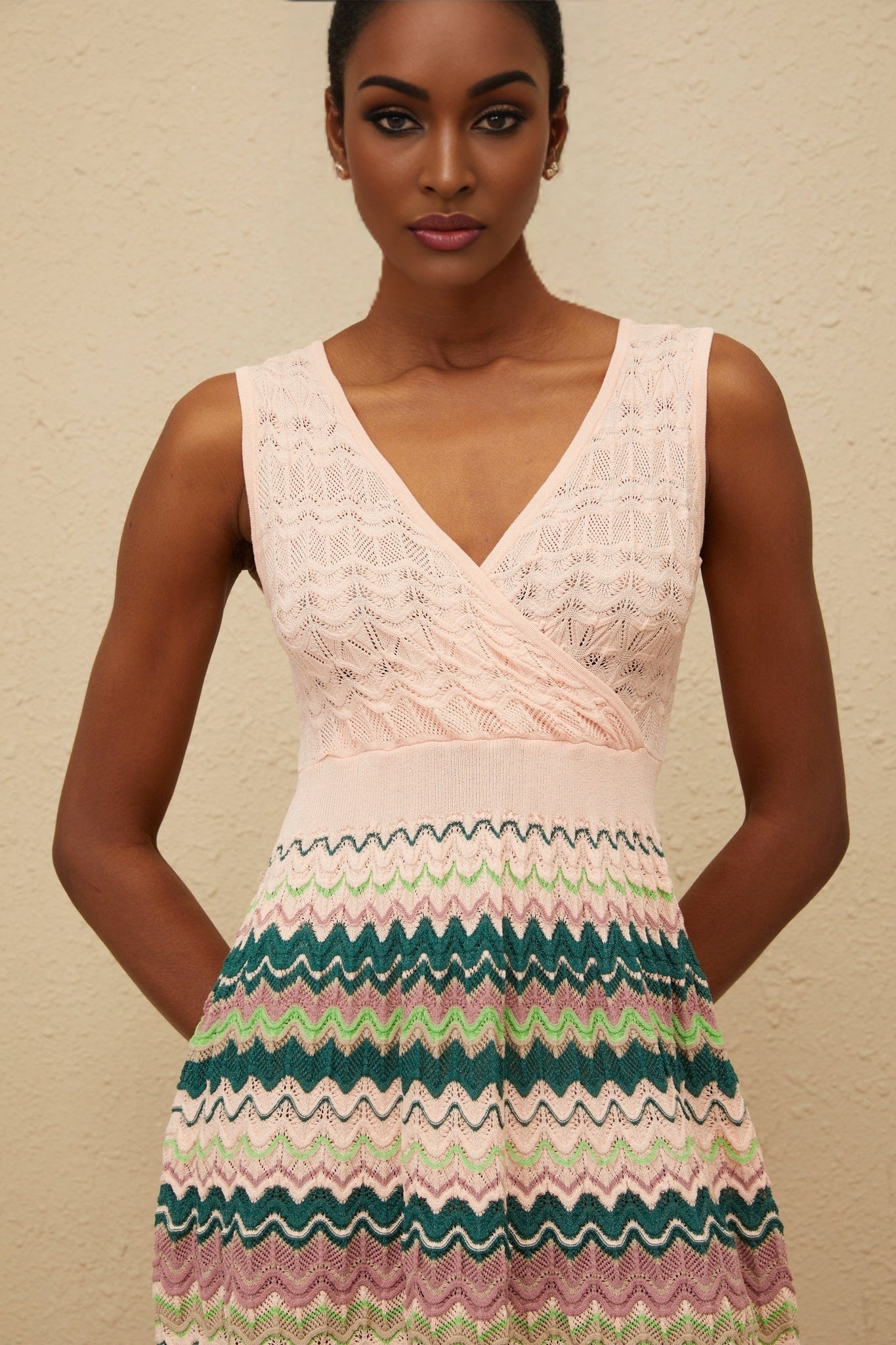 Pink Multicolor Crochet Knit V-Neck Sleeveless Dress
