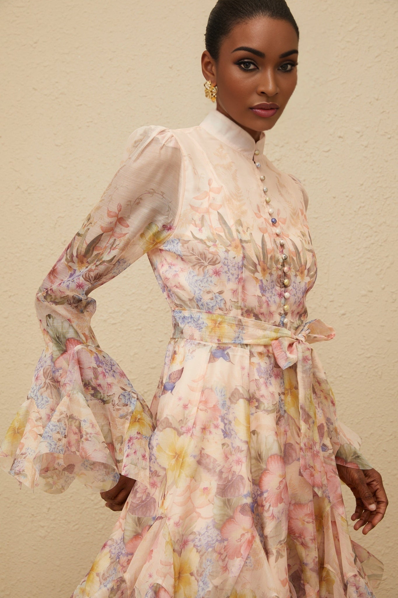 Pink Multicolor Floral Print Long Sleeve Dress with Flared Cuffs and Tied Waist