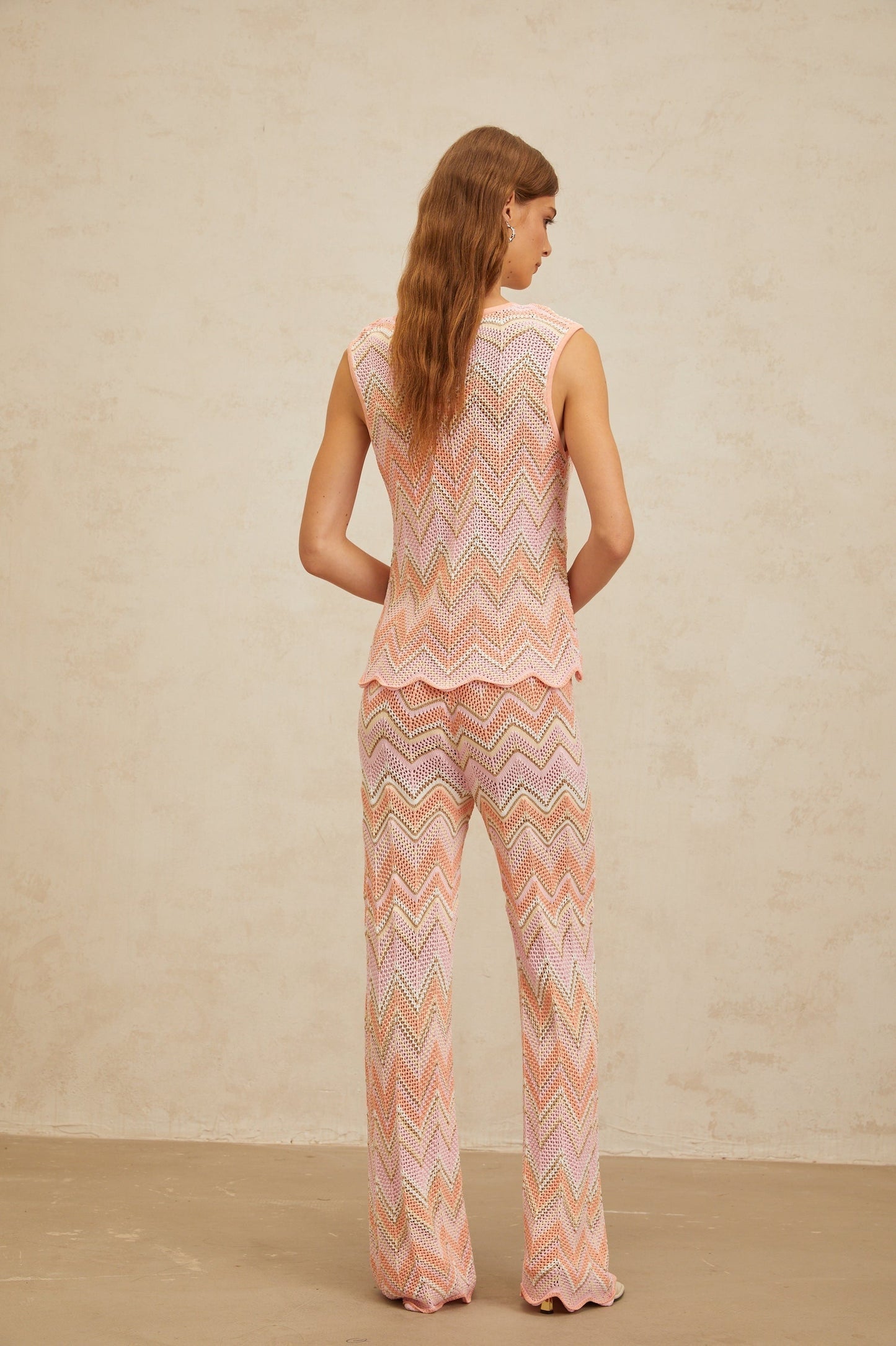 Pink and Multicolor Pointelle Knit Sleeveless Top and Trousers Set with Metallic Threading and Scallop Hem