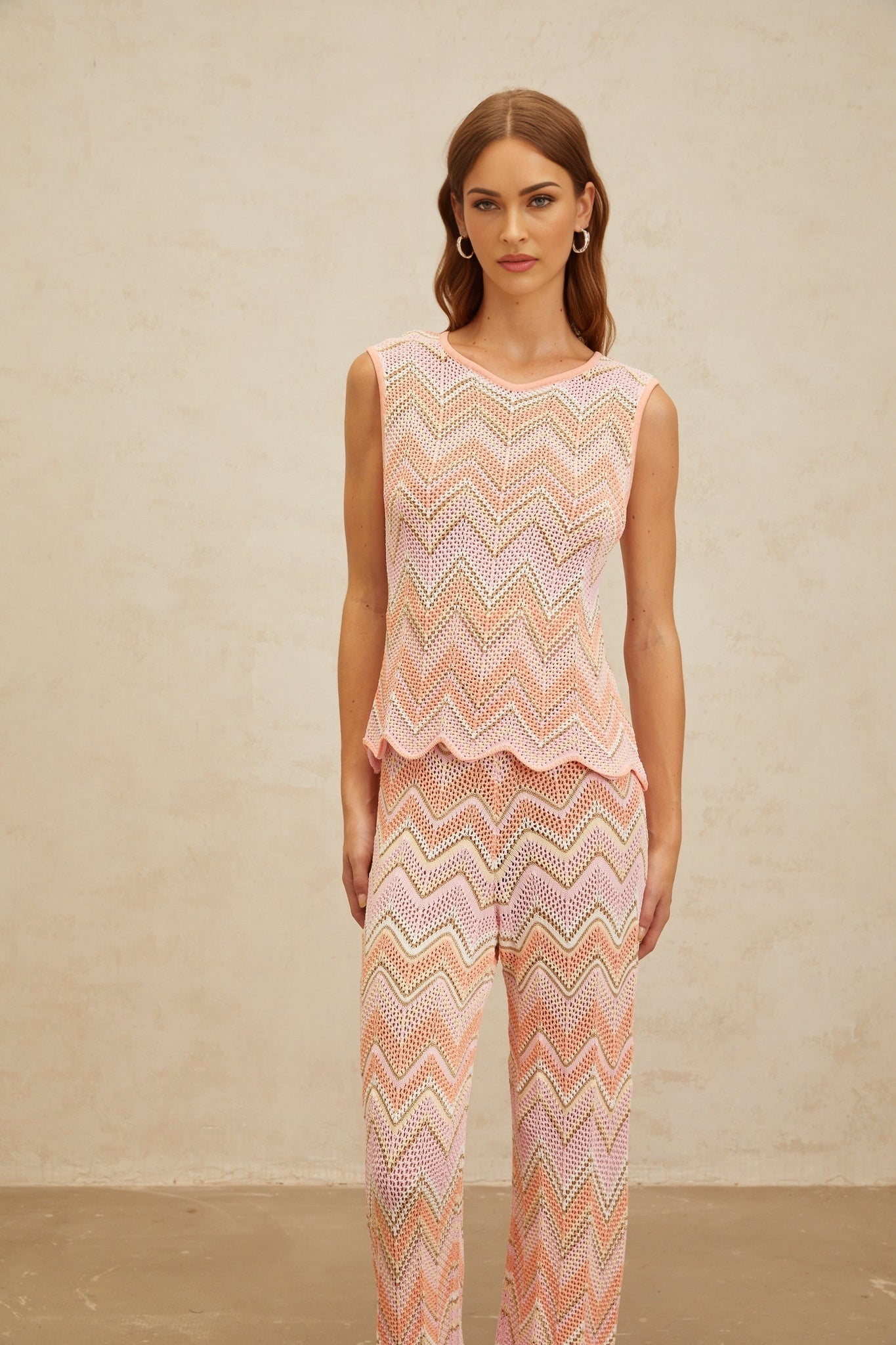 Pink and Multicolor Pointelle Knit Zigzag Design Sleeveless Top and Trousers Set