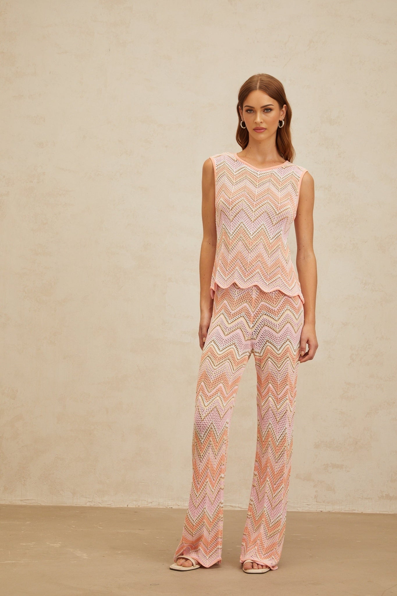 Pink and Multicolor Pointelle Knit Zigzag Design Sleeveless Top and Trousers Set