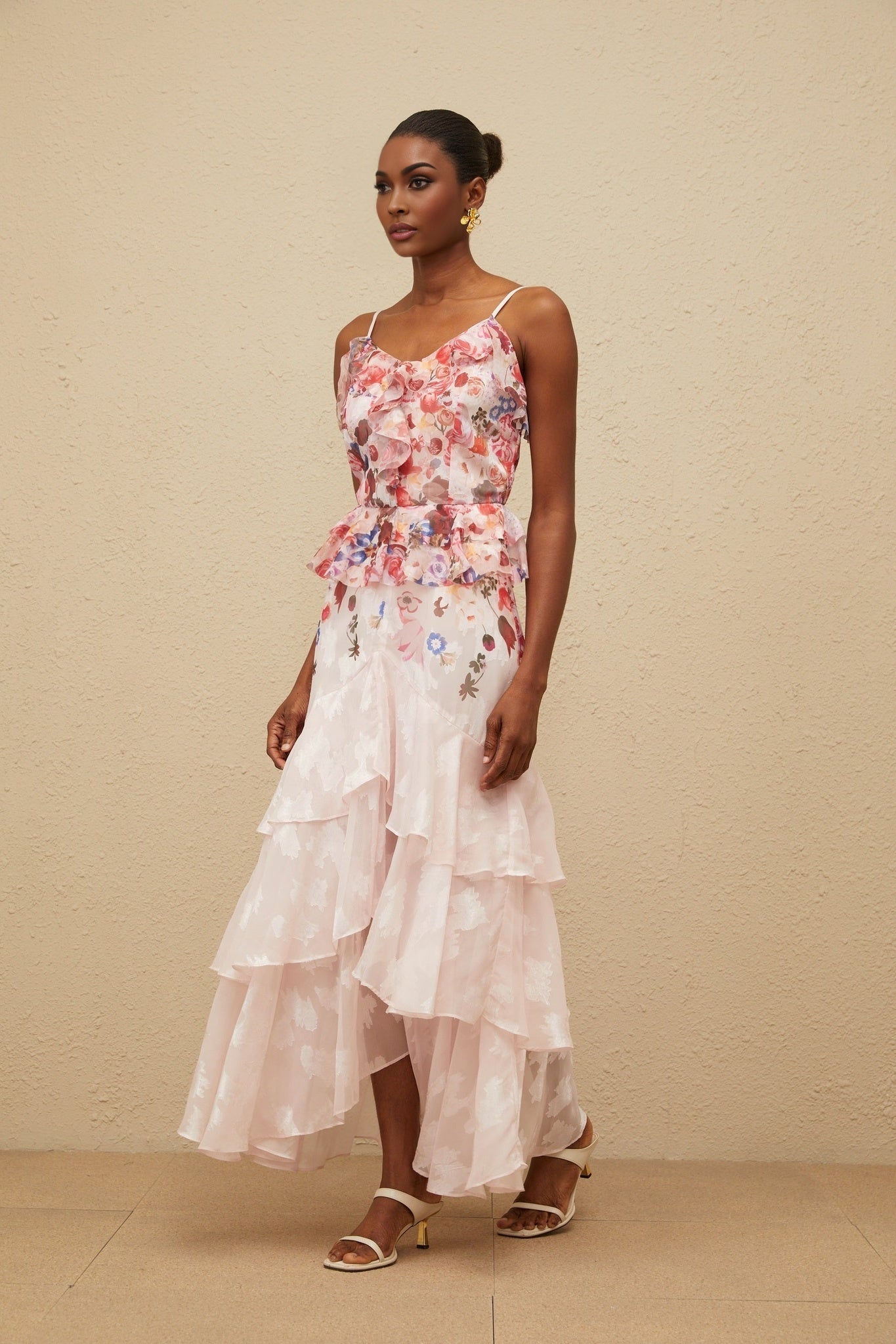 Pink and Multicolor Rose Print V-Neck Sleeveless Peplum Waist Maxi Dress with Ruffled Detailing and Asymmetrical Hem