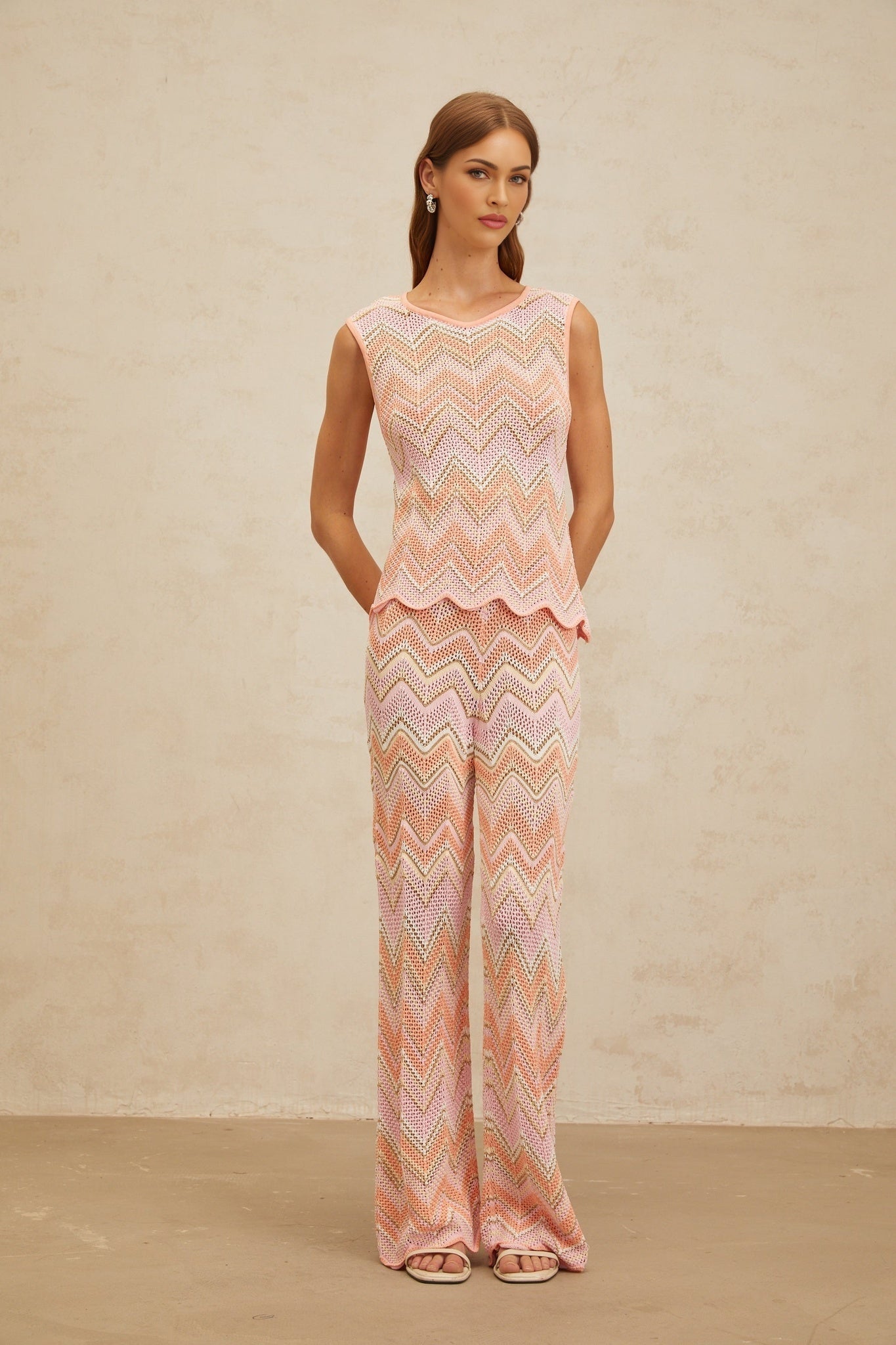 Pink and Multicolor Sleeveless Top and Trousers Set with Zigzag Design and Metallic Threading
