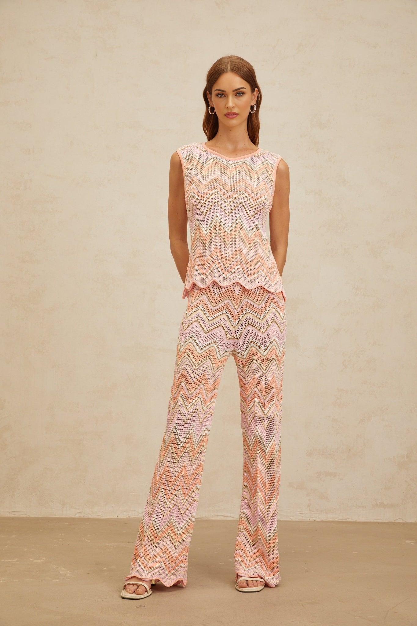 Pink and Multicolor Zigzag Pointelle Knit Sleeveless Top and Trousers Set