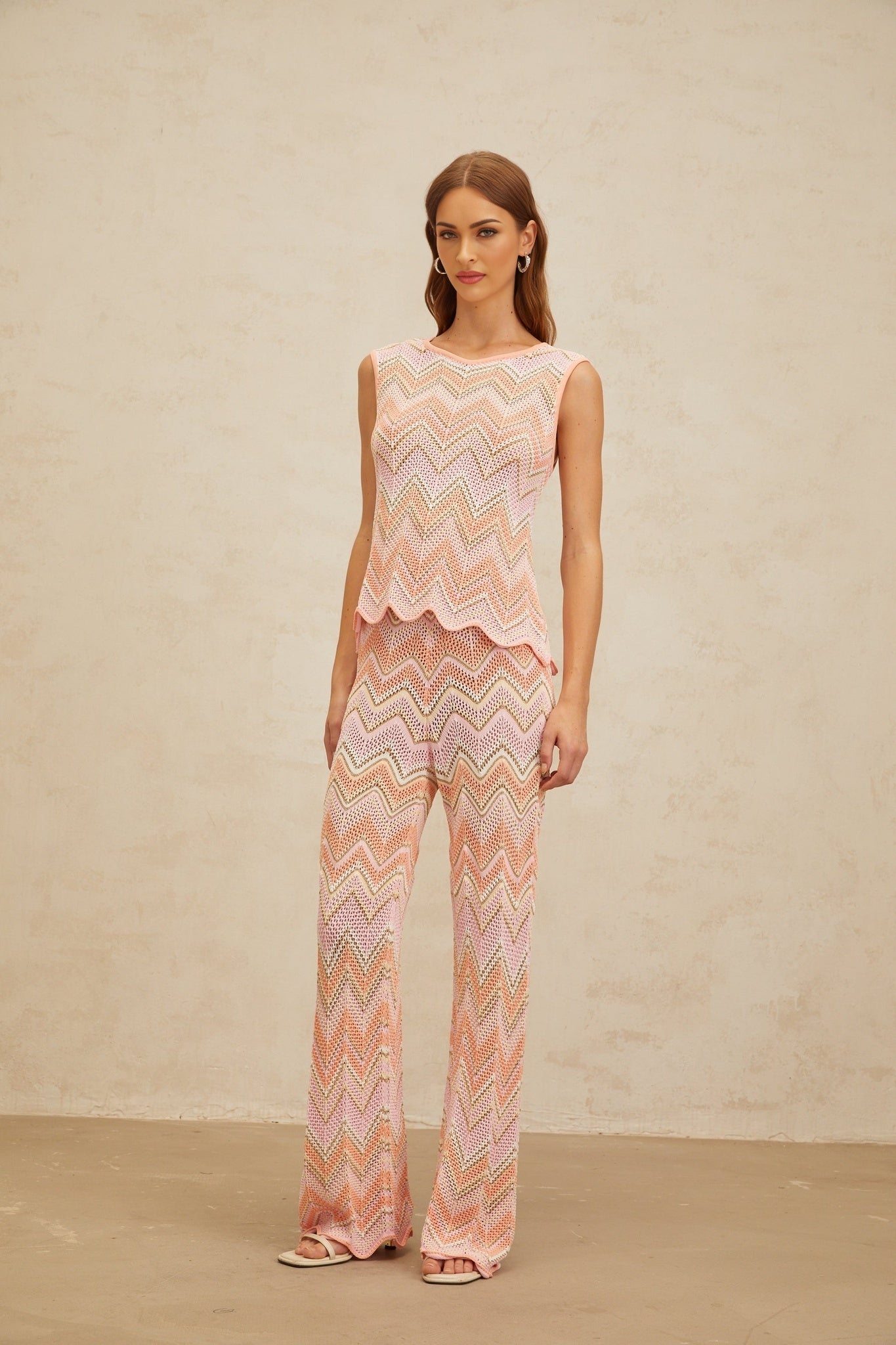 Pink Multicolor Zigzag Woven Design Sleeveless Top and Trousers Set