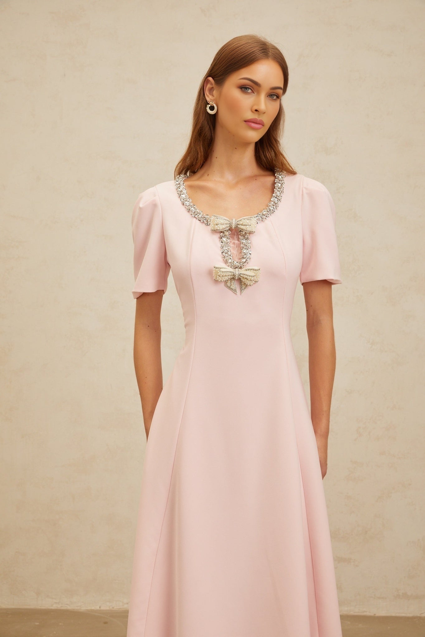 Pink Round Neck Short Sleeve Dress with Crystal, Faux-Pearl, and Bow Embellishments